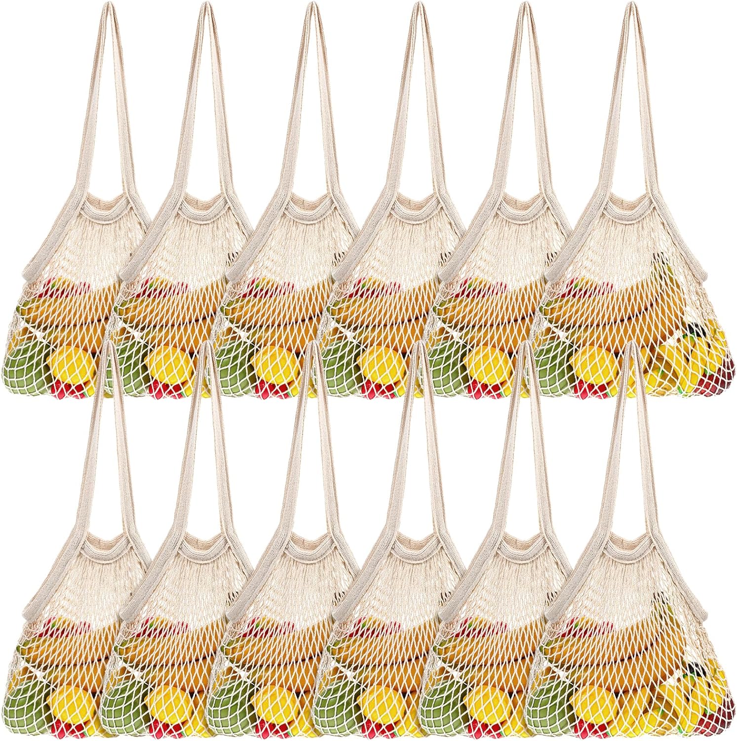 12 Pcs Reusable Cotton Mesh Produce Shopping Bags Washable Grocery Net Portable Fruit and Vegetable Cotton String Bags Long Handle Net Tote Organizer(Long Handle)