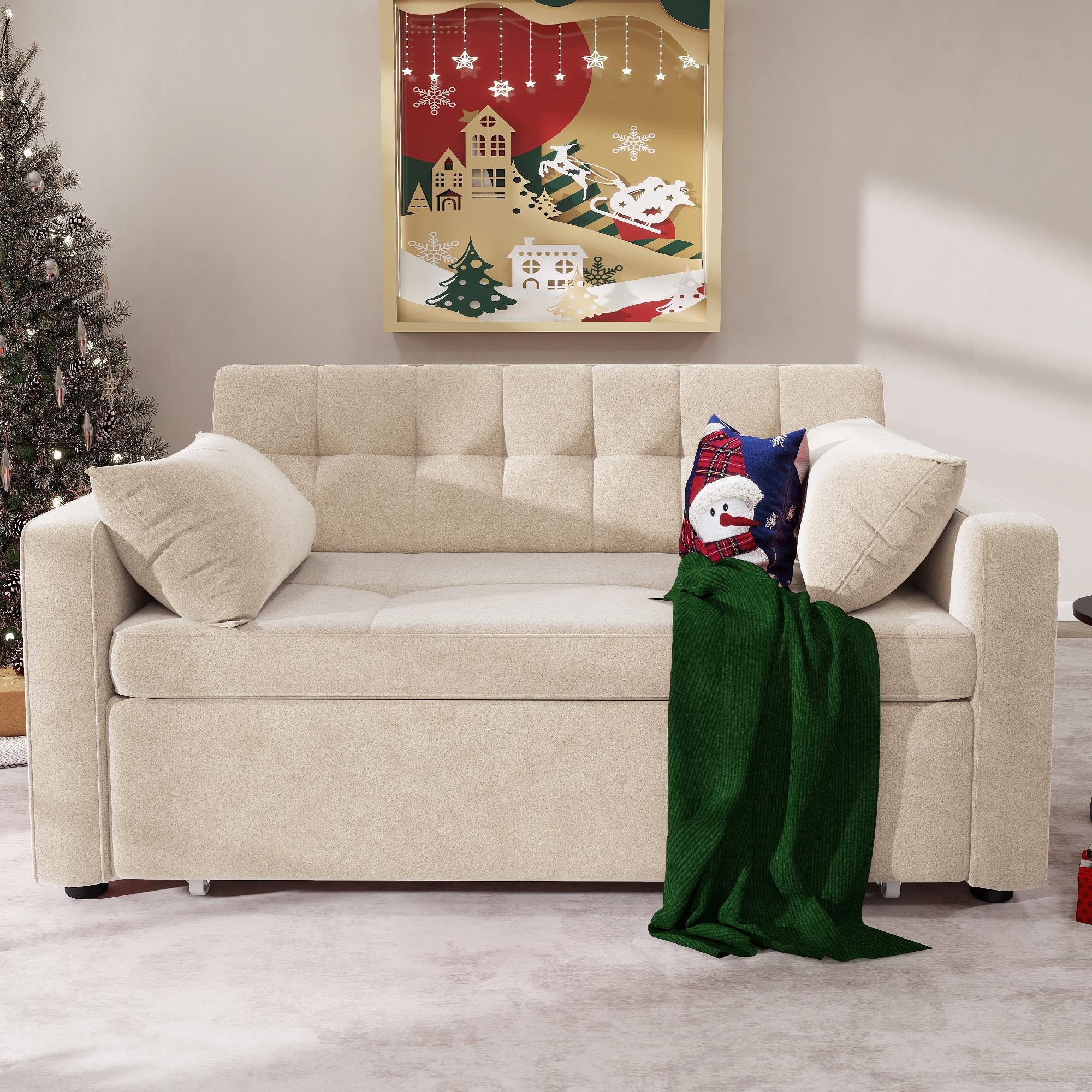 DWVO 55" Convertible Sofa Bed, 3-in-1 Sleeper Sofa with Pull-Out Bed, Beige