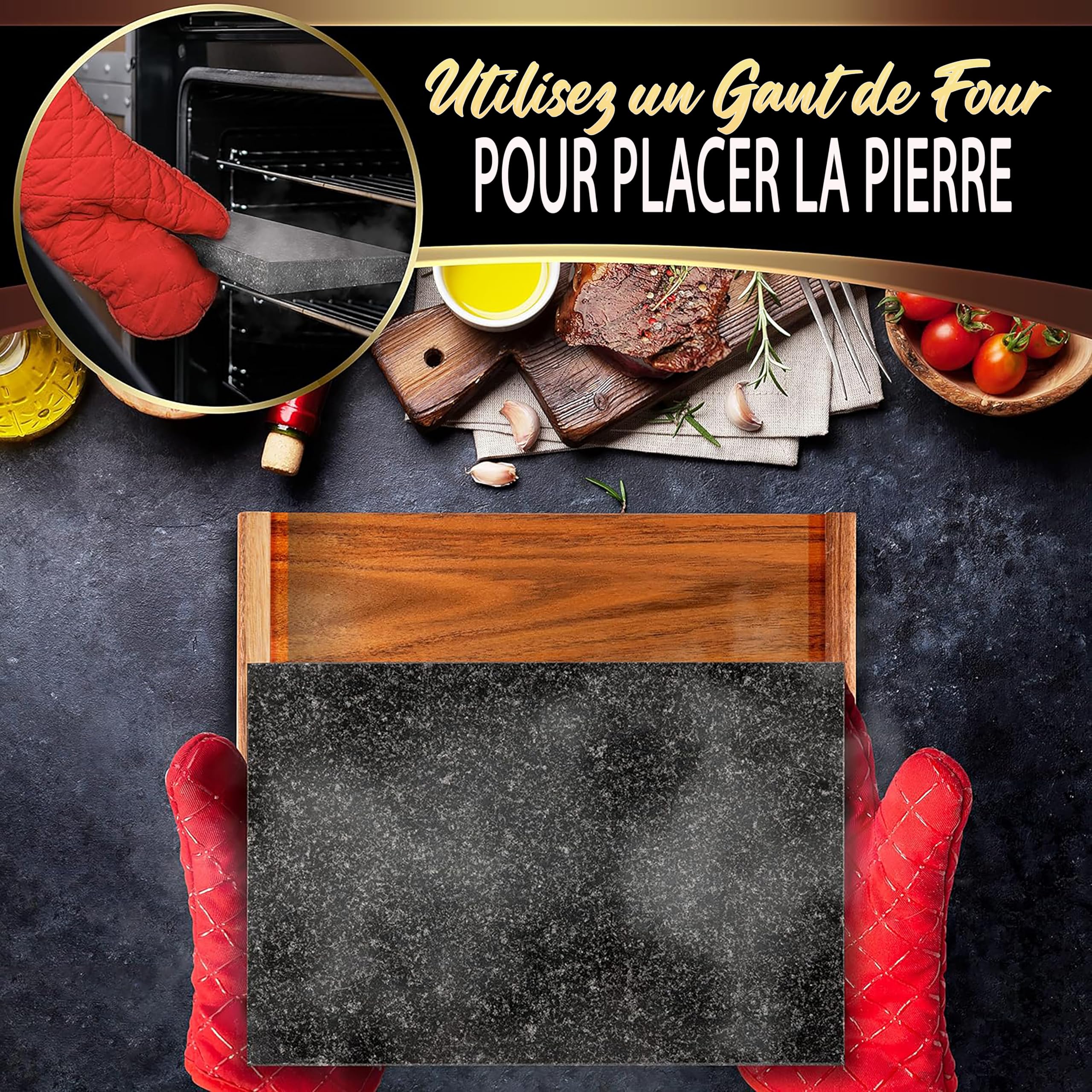Nutrichef Ensemble de Grillade avec Pierre de Cuisson- Plaque Grésillante en Roche Volcanique pour Steak, BBQ et Viandes Cuit et Retien-Plateau Chauffant pour Servir les Aliments