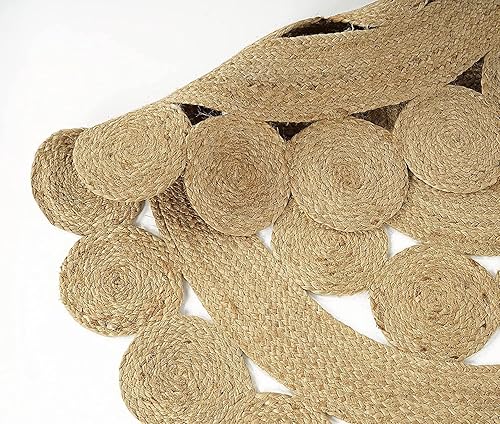 Vista 17 de GRUHUM Alfombra tejida a mano de yute redonda de 4 pies, de fibra natural, alfombra bohemia rústica, vintage, trenzada, reversible, ecológica