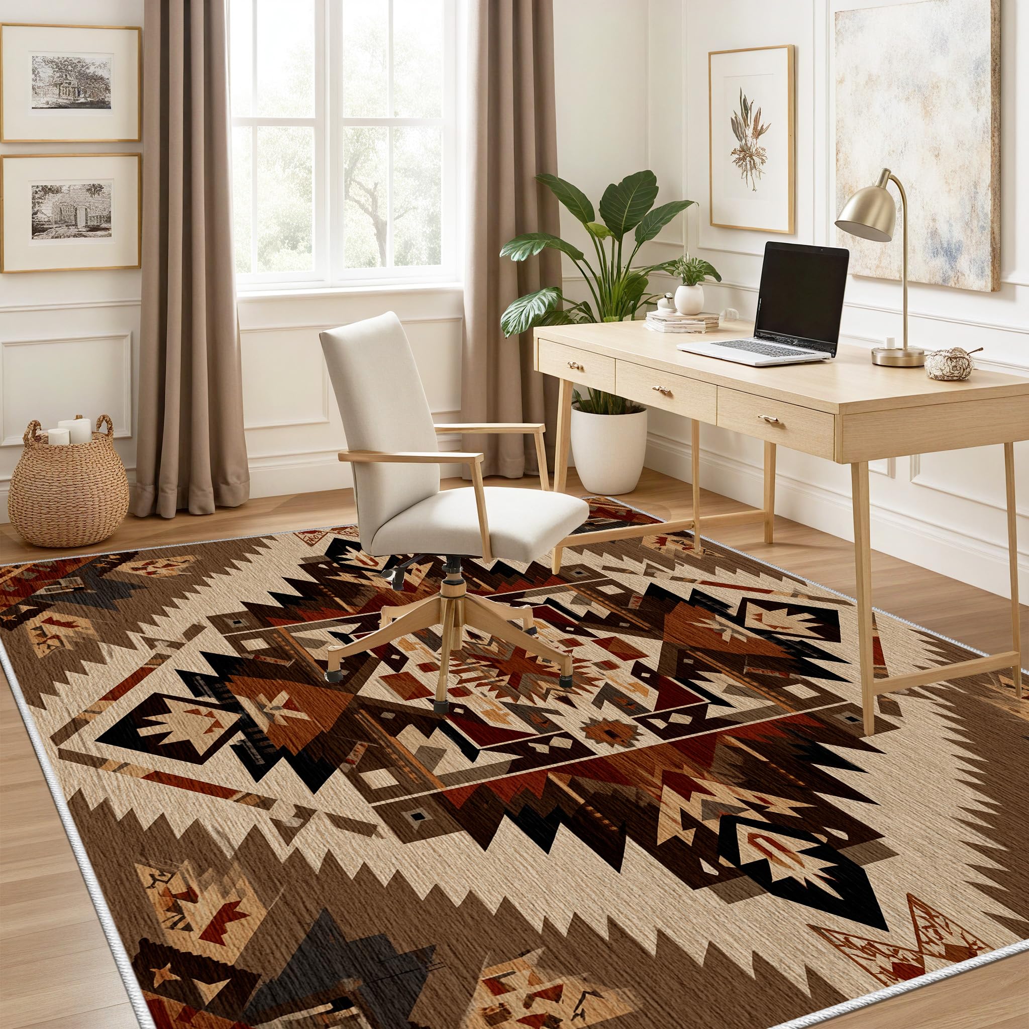 Motif Géométrique Aztèque Abstrait Tapis de Salon 60x110cm Doux Carpet à Poils Courts Géométrique Vintage Rug de Chambre Adulte Lavable en Machine Tapis Antidérapant