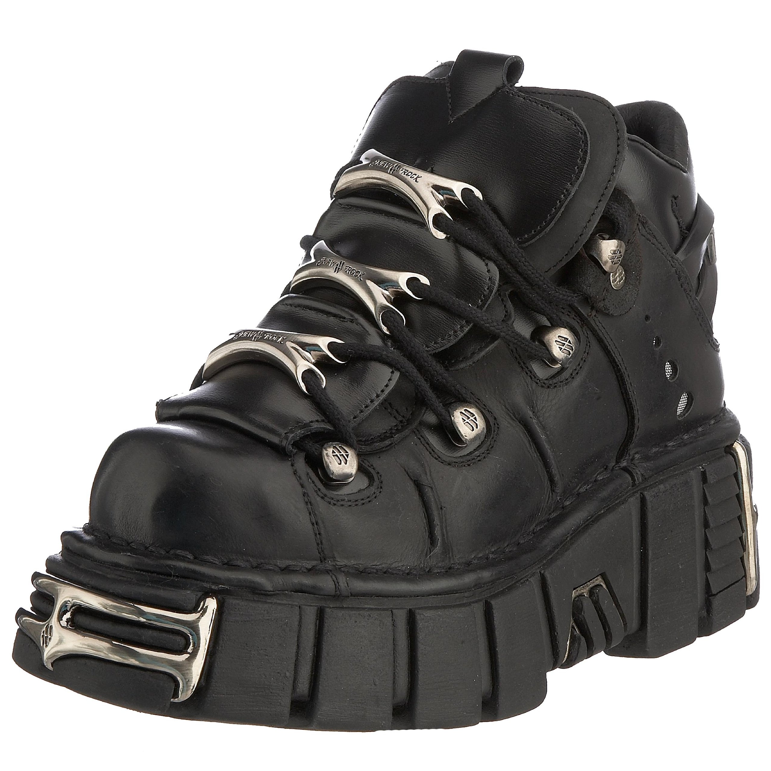 New Rock Botín Unisex M-​106-​S1 Metallic de Piel Vacuno Negra con Plataforma 4 cm y Tacón 7 cm – Estilo Gótico Rock Punk con Cordones y Detalles Metálicos