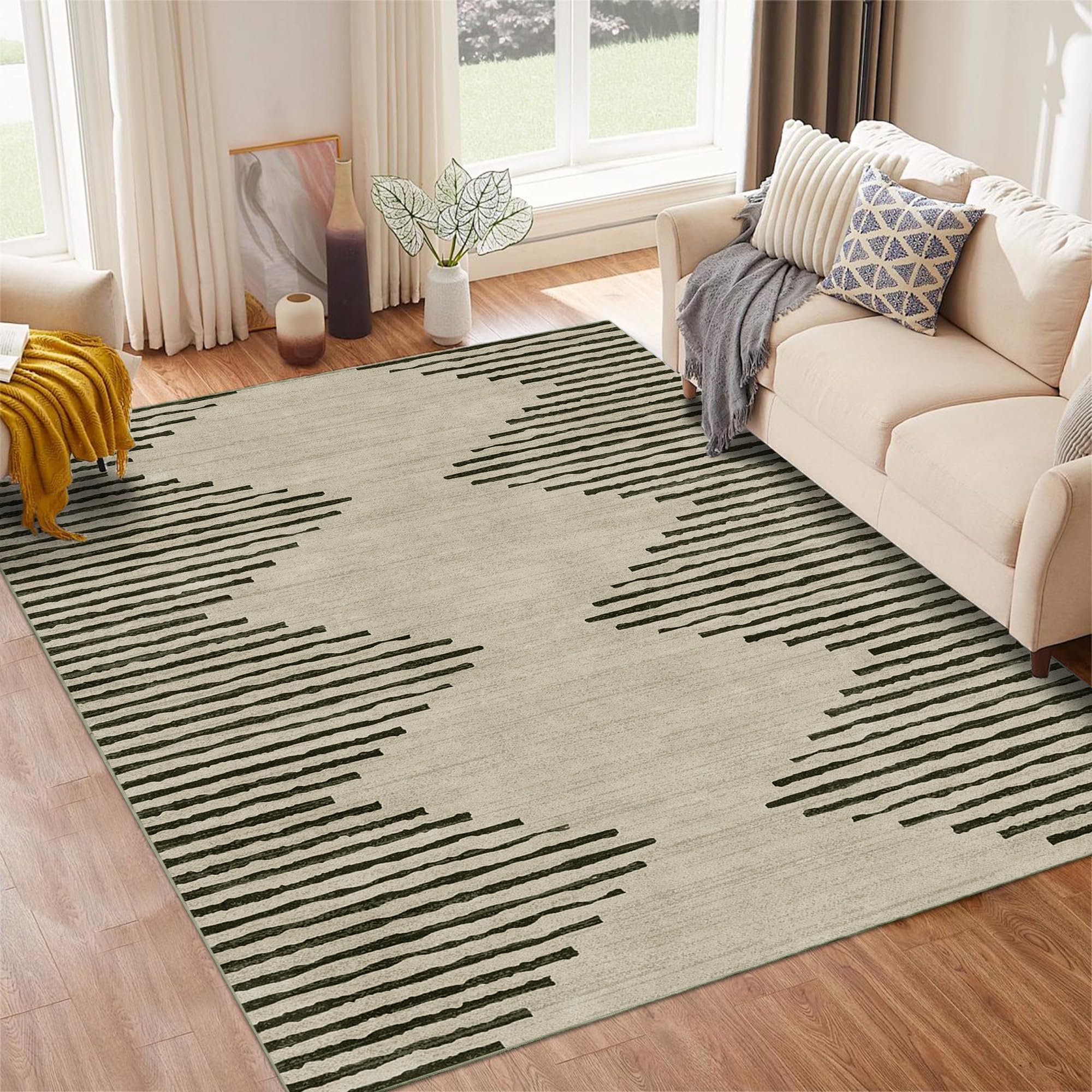 Photo 1 of HelloTree Area Rug for Living Room 6x9 Washable Geometric Moroccan Rug Stripe Farmhouse Bohemian Minimalistic Non Slip Non Shedding Ultra Thin Soft Rug for Bedroom Office DiningRoom Nursery-Cream