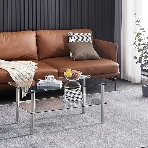 Miniatura 4 de FENGHUA GLASS HOME Mesa de centro de cristal de 2 niveles con almacenamiento mesa de centro de cristal moderna para sala de estar mesa de cóctel