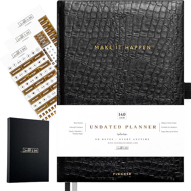 Scribble & Dot® Planner - Undated Weekly Planner A5 | NO Dates Start Anytime | A5 Premium Cover Planner with Trackers, Notes & More for Busy Schedules (Faux Croc)