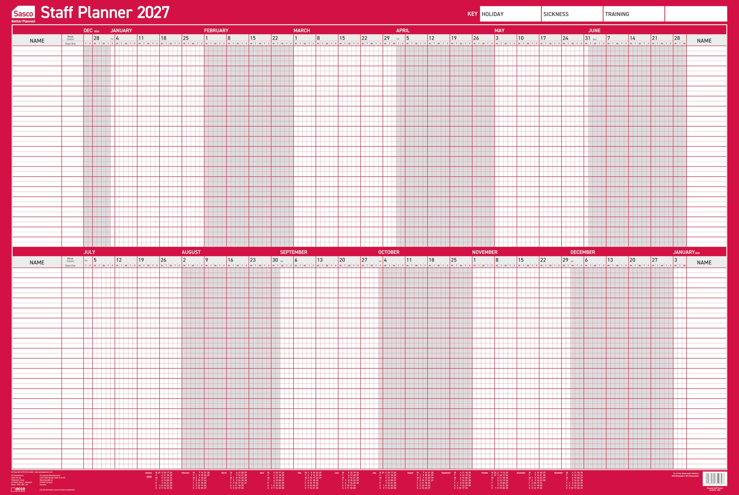 Sasco 2027 Staff Year Wall Planner with wet wipe pen & pack of 700 stickers, Red, Board Mounted, 915mmW x 610mmH