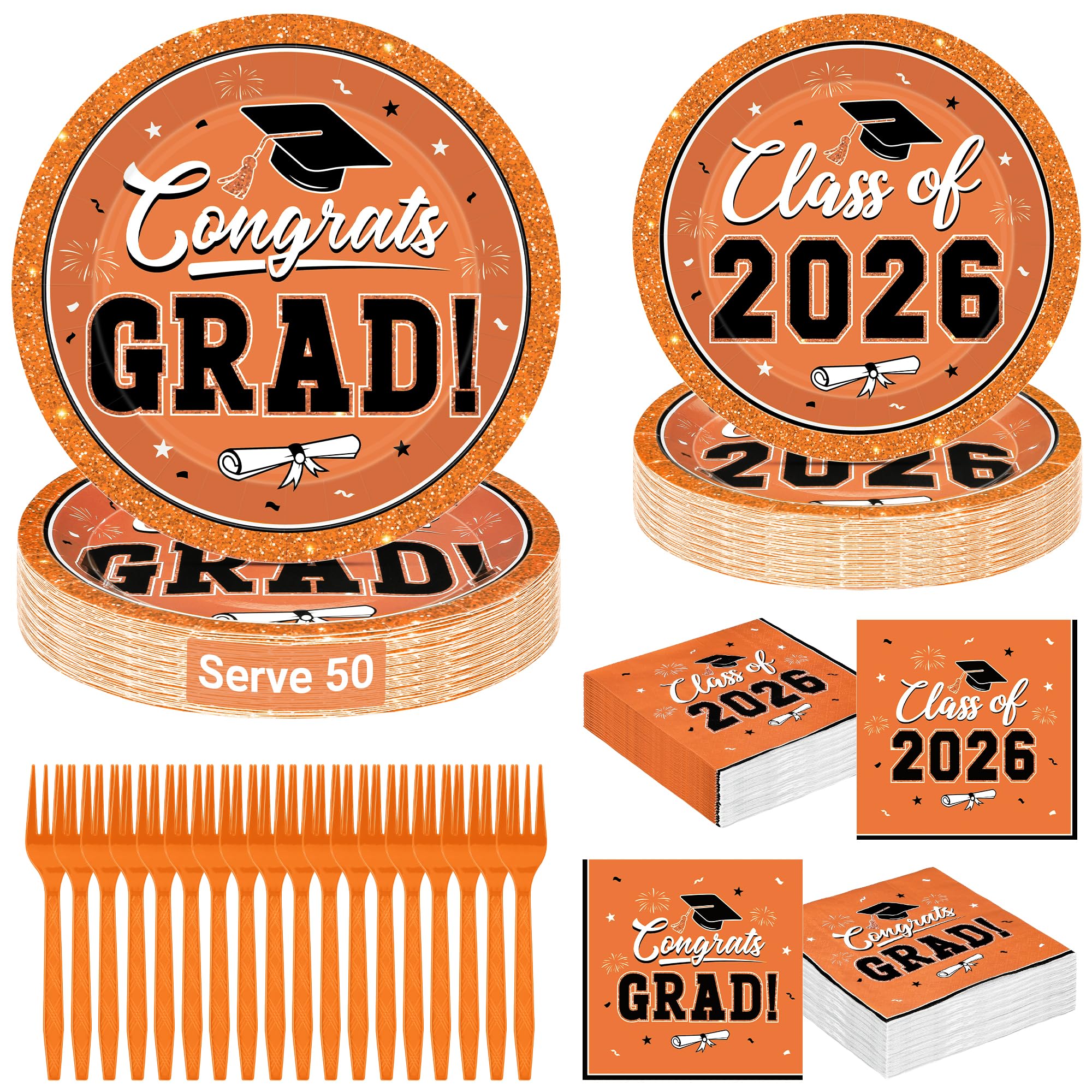 QZYL 50 Set Graduation Supplies 2026, Orange Graduation Plates and Napkins, Disposable Dessert Plates and Plastic Forks, 200Pcs Grad Party Tableware for Wedding, Birthday, Graduation