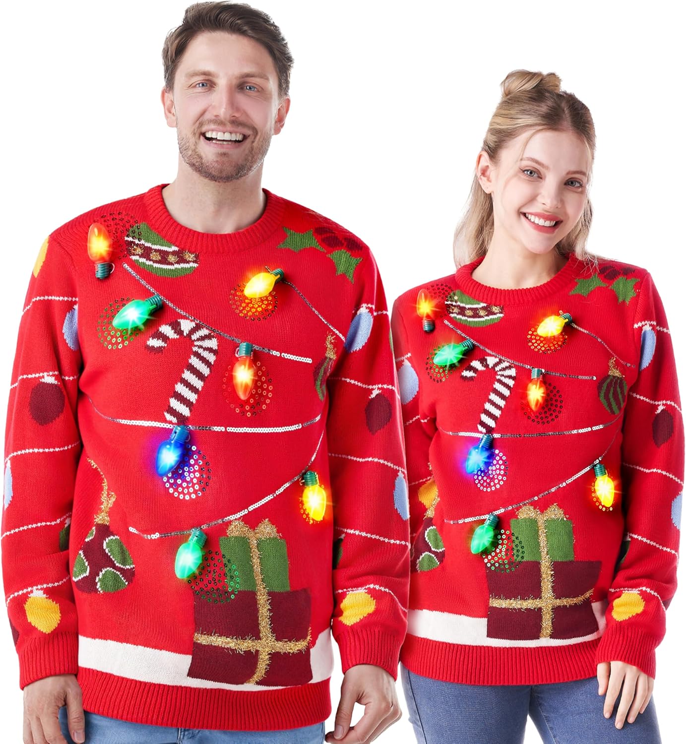 JOYIN Ugly Christmas Sweater Women Men Couples, LED Light Up Ugly Christmas Sweater Kids 2025 String Lights(Red