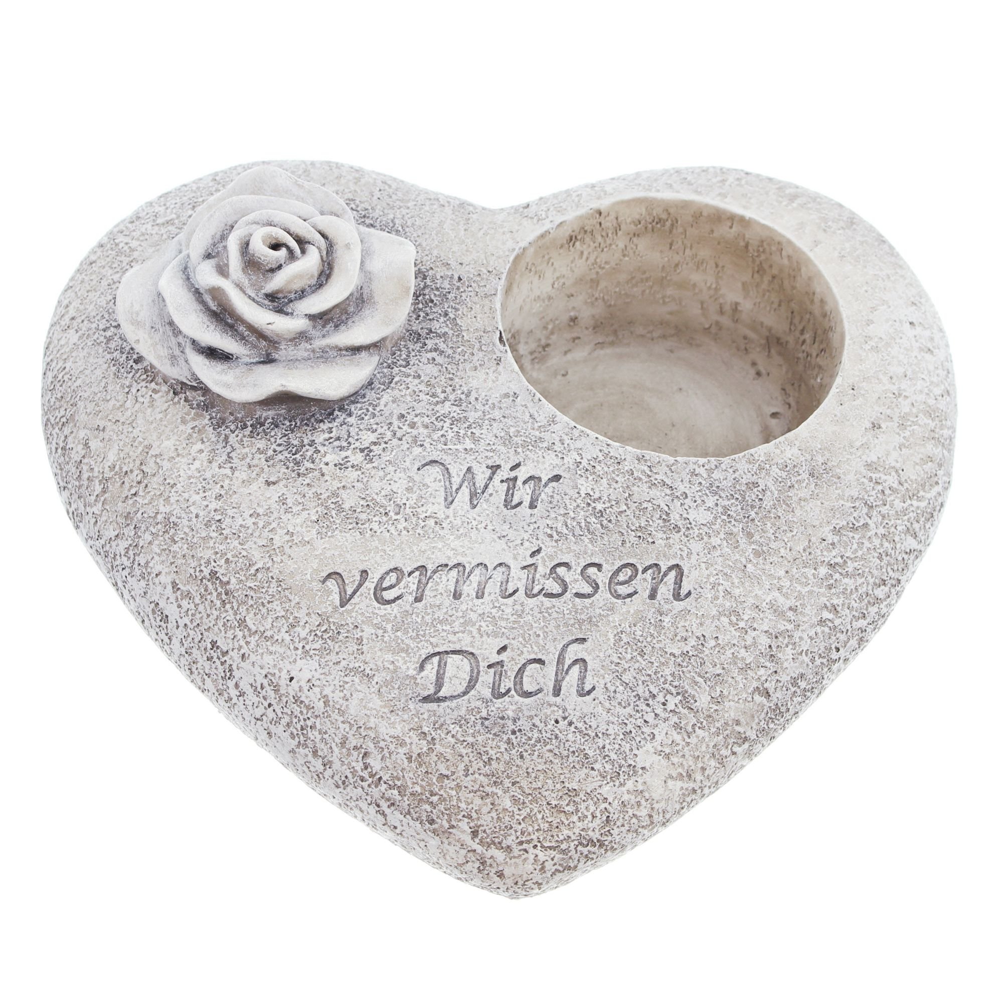 Grabschmuck Herz, Wir vermissen Dich, 18 x 20 x 8 cm, auch zum Bepflanzen geeignet, Polyresin, Aussparung für Grabkerzen Ø 7 cm
