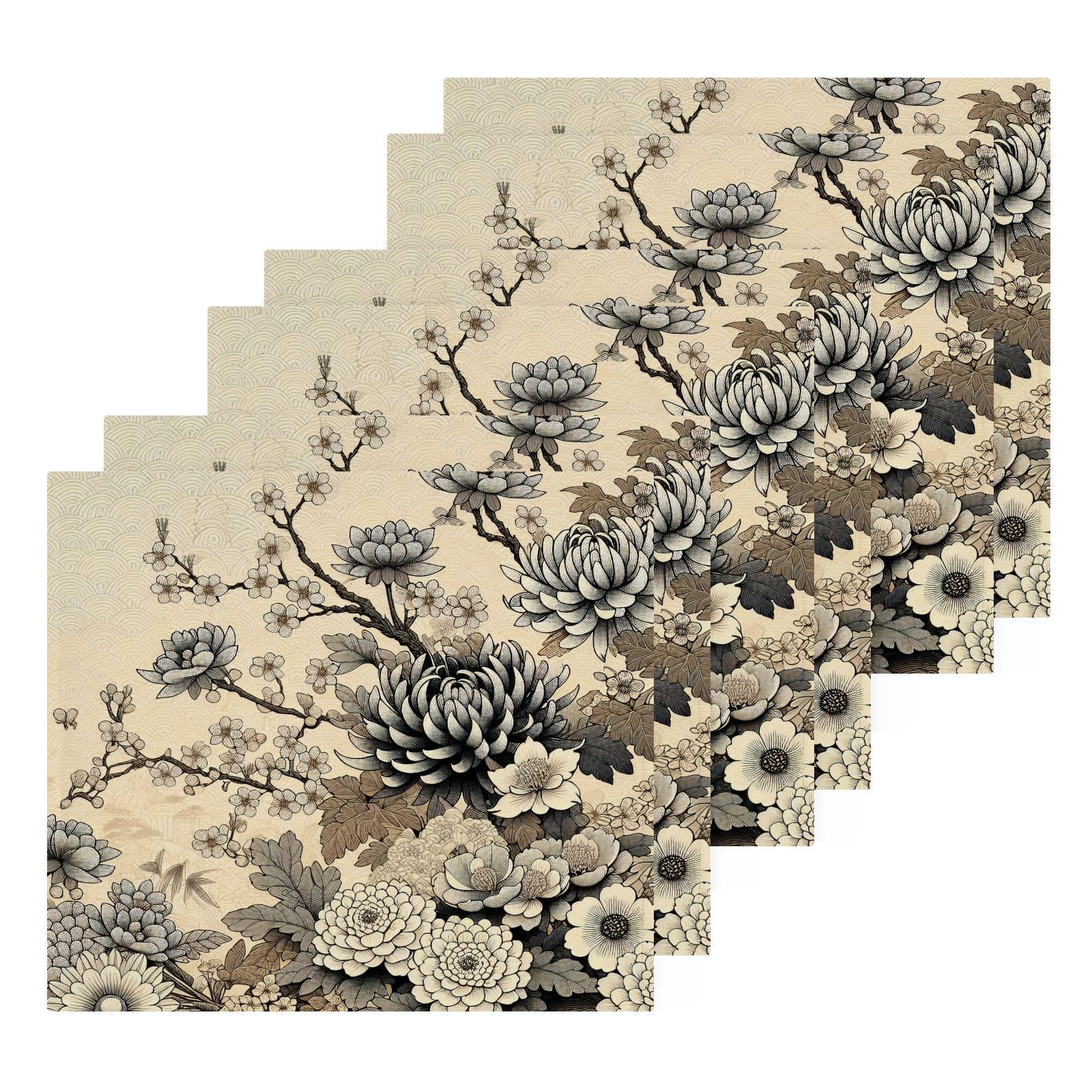 YANENDIE Japanese Flower Washcloths Towels, Highly Absorbent and Soft Cotton Face Cloths, 6 Pack Quick Dry Wash Cloths - 12 X 12 Inches