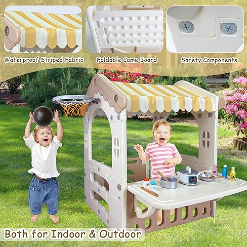 Miniatura 6 de Casa de juegos para niños de 41.3 x 31.4 x 29 pulgadas, casa de juegos para interiores y exteriores, con puertas de trabajo, encimera y aro de