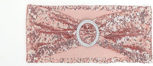 Miniatura 4 de Bandas de silla de lentejuelas de doble cara de oro rosa para decoración de bodas, bandas de silla de oro rosa con hebillas plateadas, lazos de