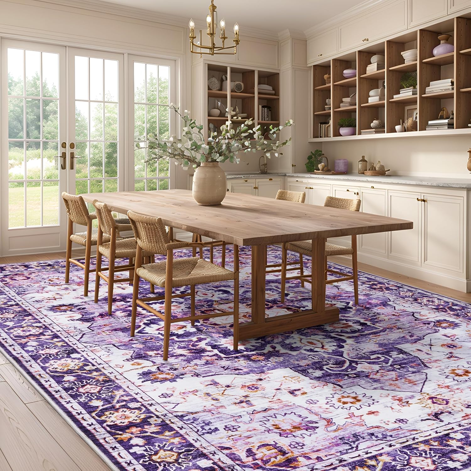 4x6 Area Rugs for Living Room, Machine Washable Vintage Rug, Non-Slip Low Pile Throw Rugs with Rubber Backing Washable Carpet for Bedroom Dining Room Kitchen Home Decor, Purple