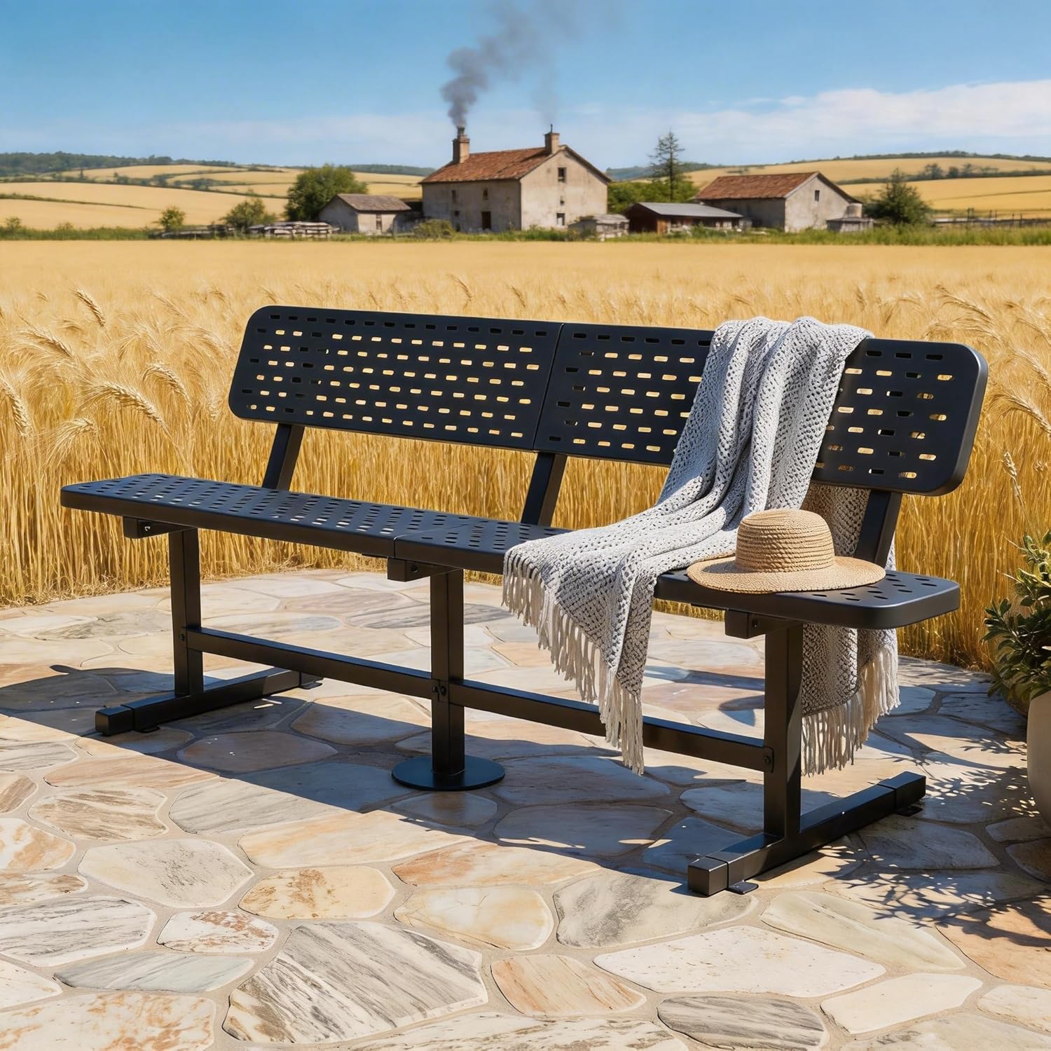 DWVO Commercial Grade 6 Foot Outdoor Bench with Back Heavy Duty Metal Park Bench for Outside Coated Steel Frame Industrial Thermoplastic Finish for Patio Garden Public Zones