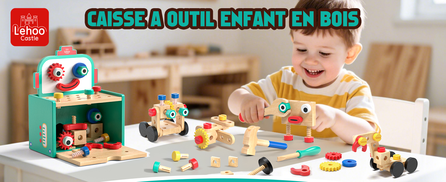 Lehoo Castle Caisse A Outil Enfant Jouet En Bois Jouet 2 3 4 5 Ans Fille Garcon, 29 Pièces Boite A Outils Établi Enfant, Jeu De Construction Jeux Educatif 2 Ans