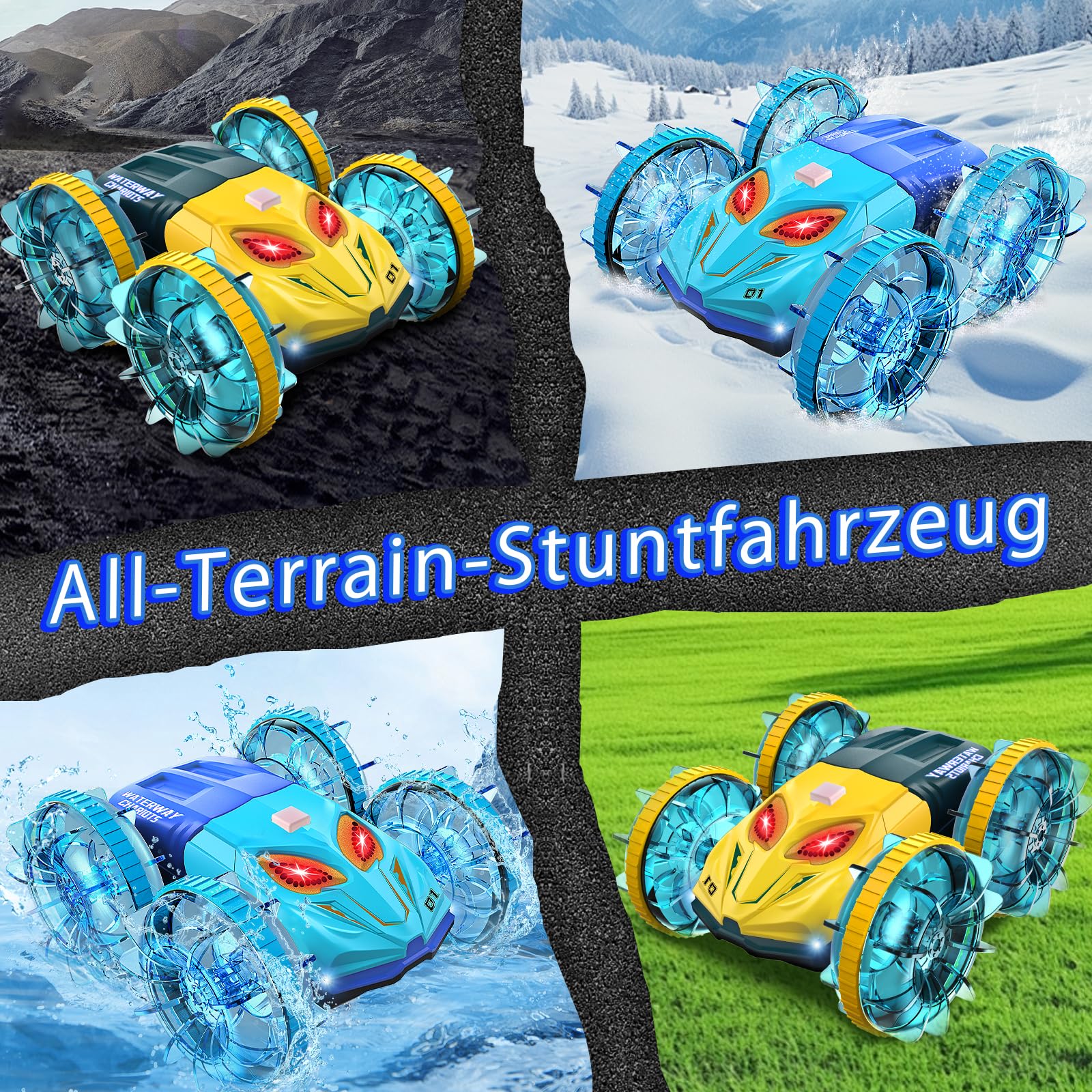 Toyone Amfibievoertuig op afstand bestuurde auto RC auto Kerstmis verjaardag geschenken 360° rotatie, dubbelzijdig rijden, kleurrijke lichten, outdoor & indoor all-terrain kinderspeelgoed