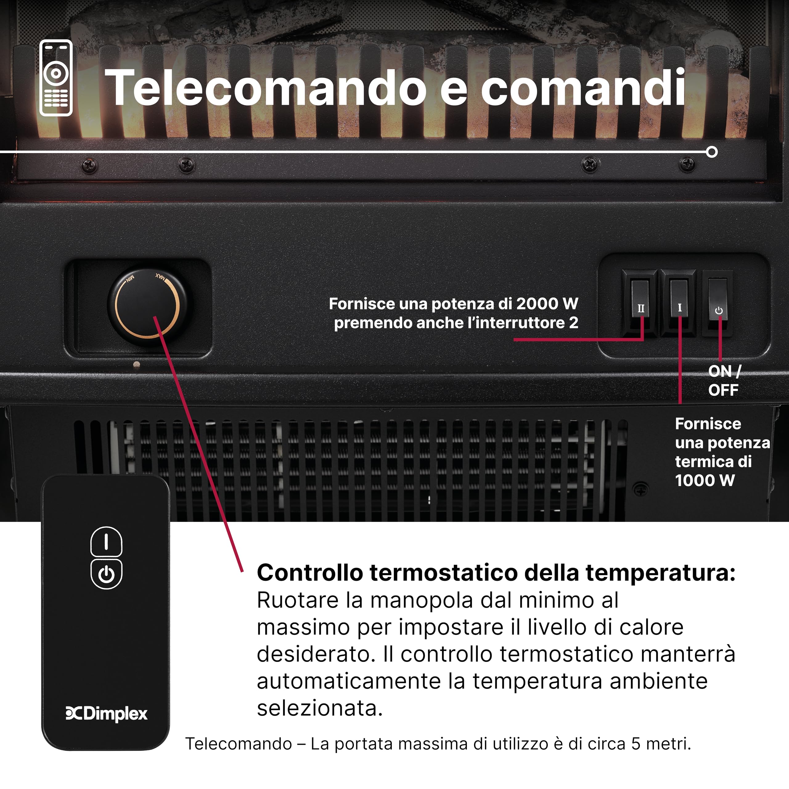 Dimplex Club Caminetto Elettrico Camino Elettrico da Terra con Letto di Ceppi Ardenti e Effetto Fiamma LED Optiflame Camino Finto con Ventilatore Riscaldante da 2 kW Incluso Telecomando