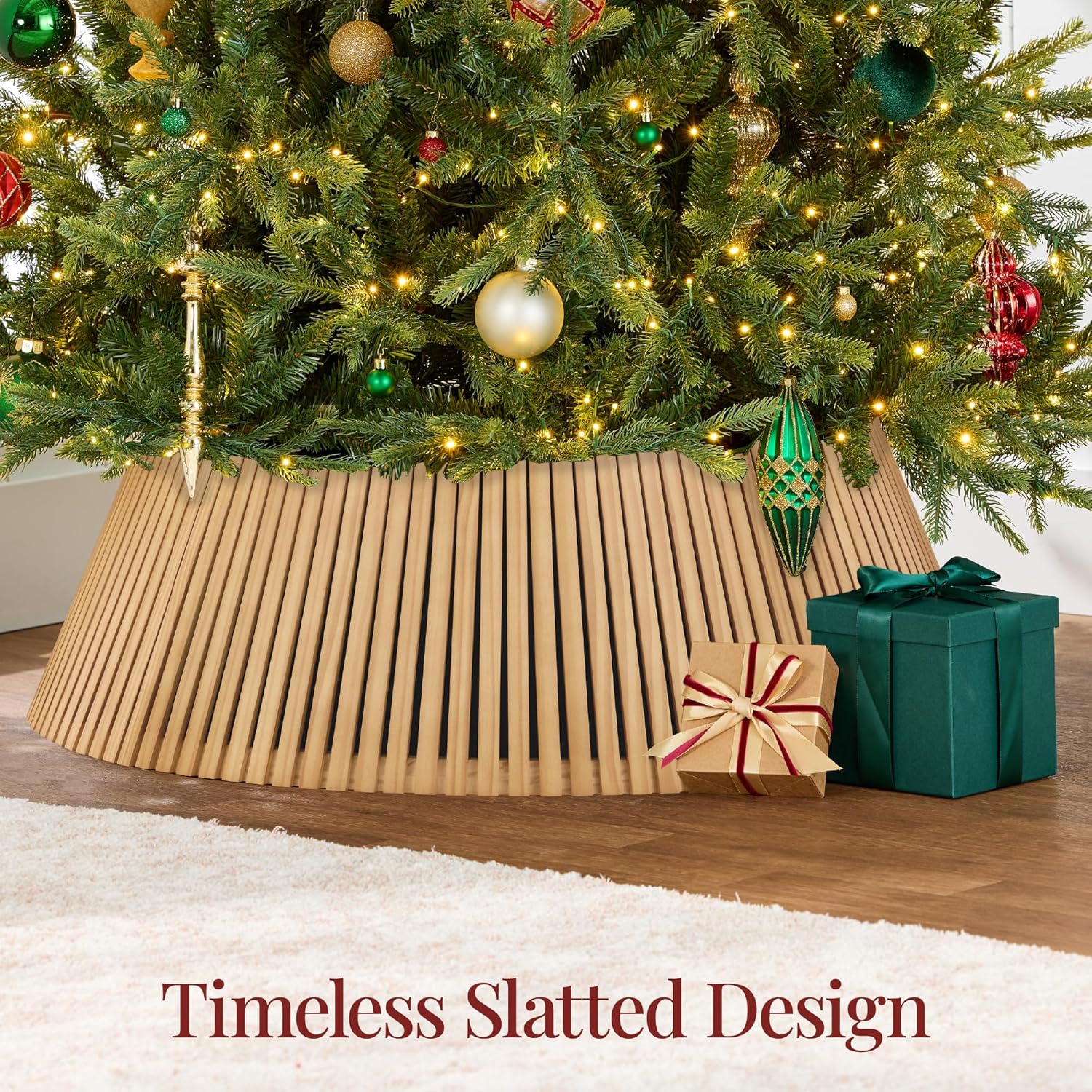 Best Choice Products 36in Christmas Tree Collar, Solid Wood Slatted Tree Skirt Holiday Accessory for Home - Natural