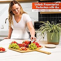 Vista 7 de Loftern Pizarra de madera de 16 pulgadas con tamaños grabados, tabla de cortar de pizza de bambú multiusos, cáscara de pizza de madera, espátula