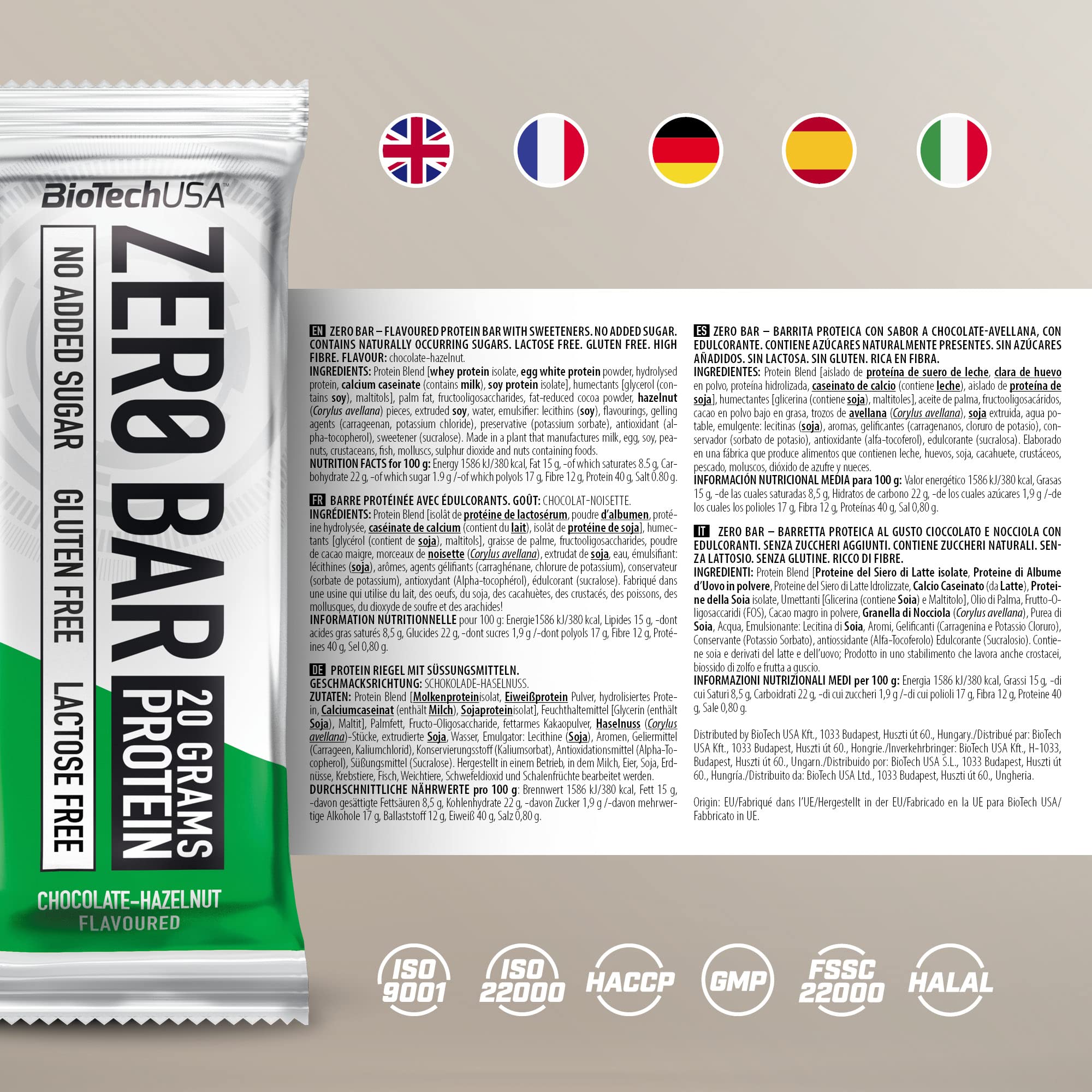 BioTechUSA Zero Bar Protein Snack - Bajo en Azúcar y Sin Lactosa | Textura Crujiente | Deliciosos Sabores | Ideal para Dietas y Entrenamientos, 20*50 g, Chocolate-Avellana