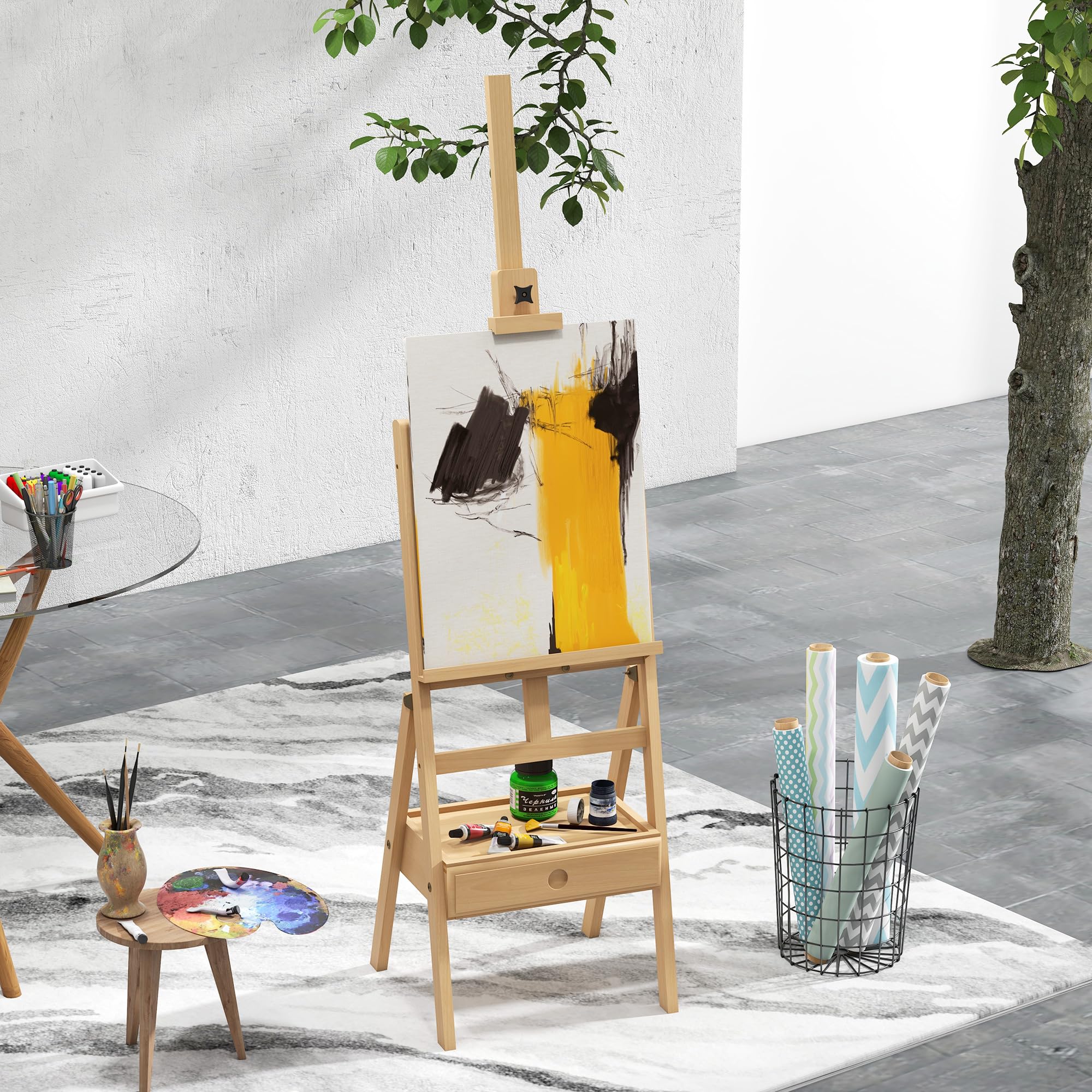 Vinsetto Cavalletto da Pittore ad Altezza Regolabile con Cassetto Inferiore, Cavalletto per Dipingere in Legno di Faggio, 43.5x43x150-190 cm, Color Legno