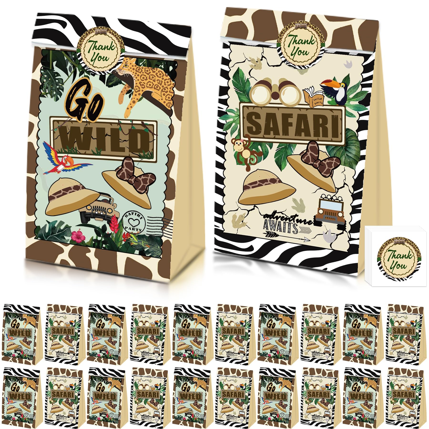 24 Pcs Mouse Safari Party Favor Bags, Tropical Wild Jungle Animal Print Candy Treat Goodie Gift Boxes for Two Wild One 1st 2nd 3rd 4th Birthday Baby Shower Decorations Supplies