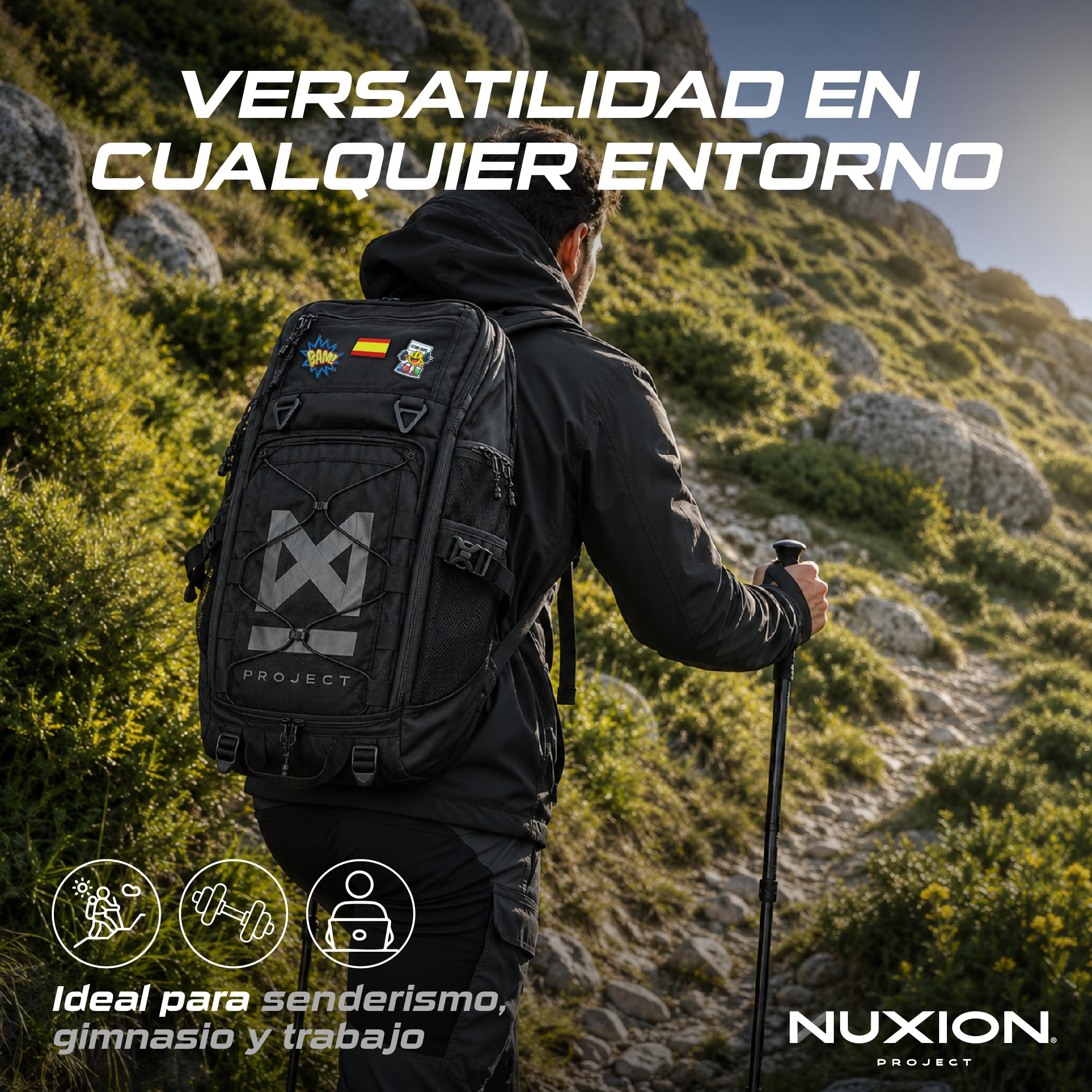 NUXION | Mochila Táctica 37L Impermeable y Resistente | Para Crossfit, Hyrox y Senderismo | Sistema MOLLE, +20 Compartimentos y Portátil 15,6" | Mochila Deportiva Unisex