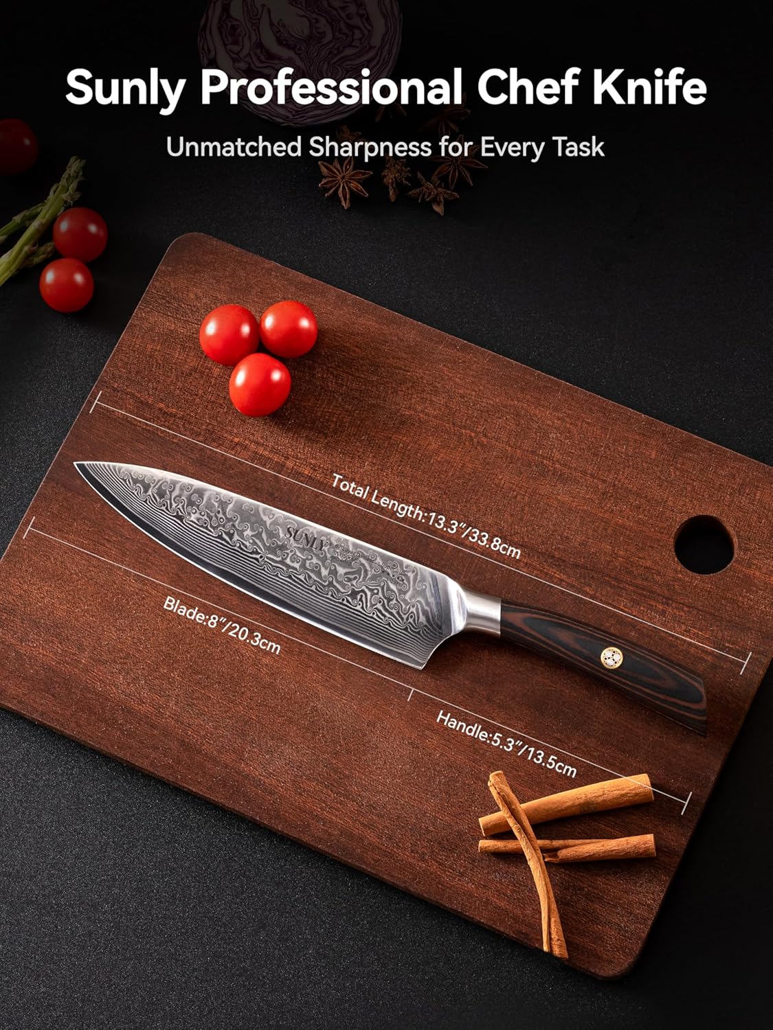 SUNLY Damascus Chef Knife 8 Inch, 67 Layer Damascus Steel, Japanese VG10 Core, Ultra Long-Lasting Sharpness, Resists Chipping, Pakkawood Handle, Perfectly Balanced, Luxury Gift Box