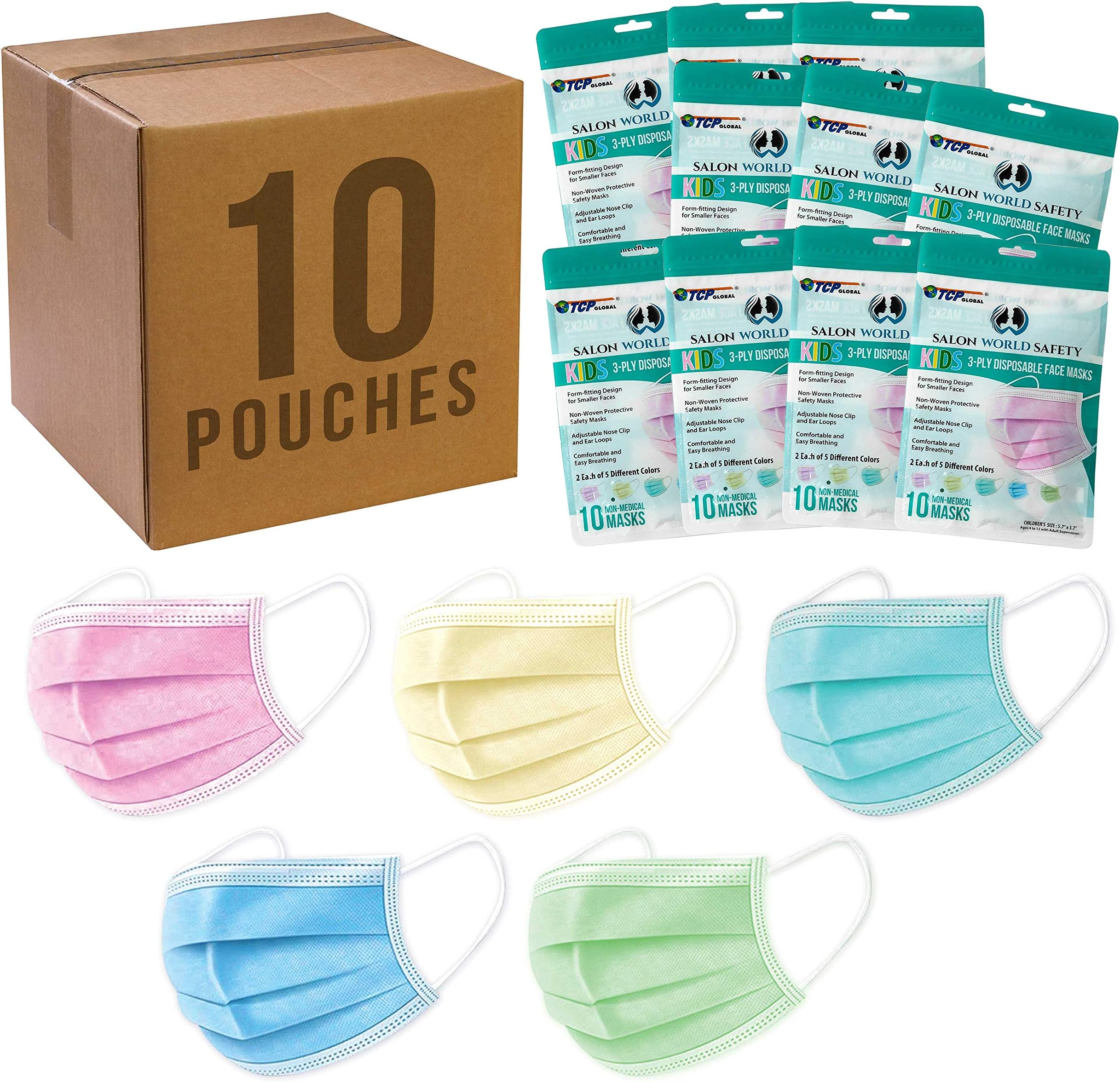 TCP GlobalSalon World Safety - Kids Face Masks 100 Pk 3-Ply Protective PPE (5 Colors, 20 Each)