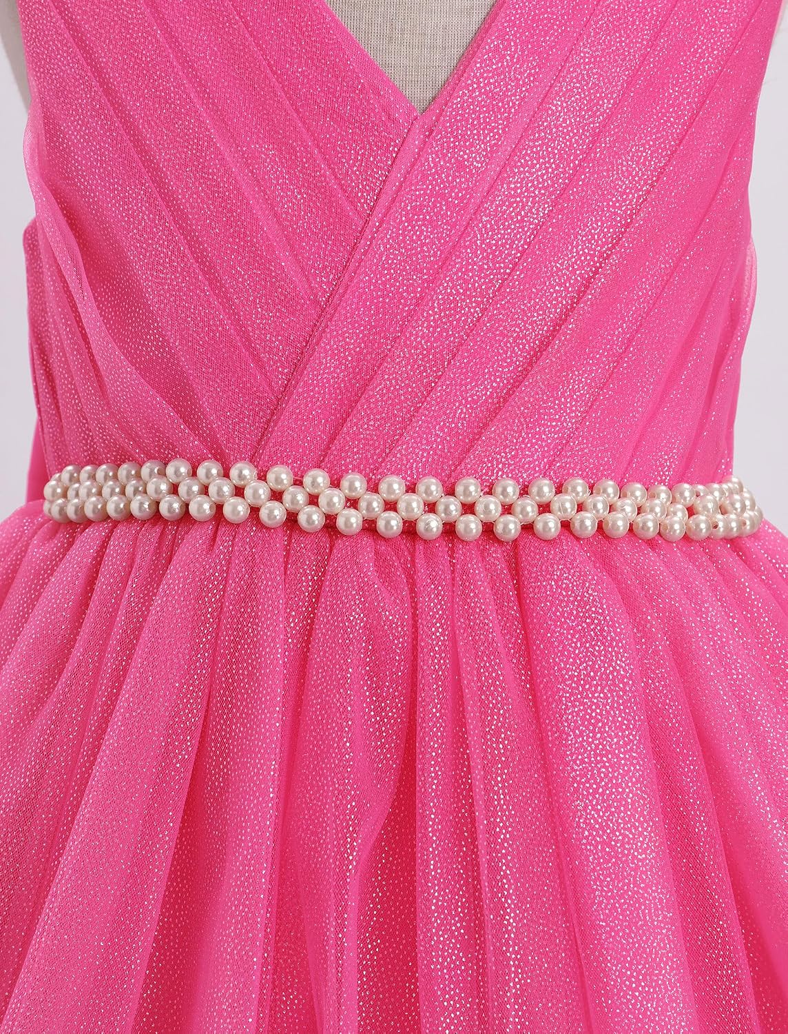 Girls Formal Dress Sleeveless V-Neck Sparkle Bowknot Pearls Tiered Tulle Tutu Dress Party Wedding Flower Girl Dress