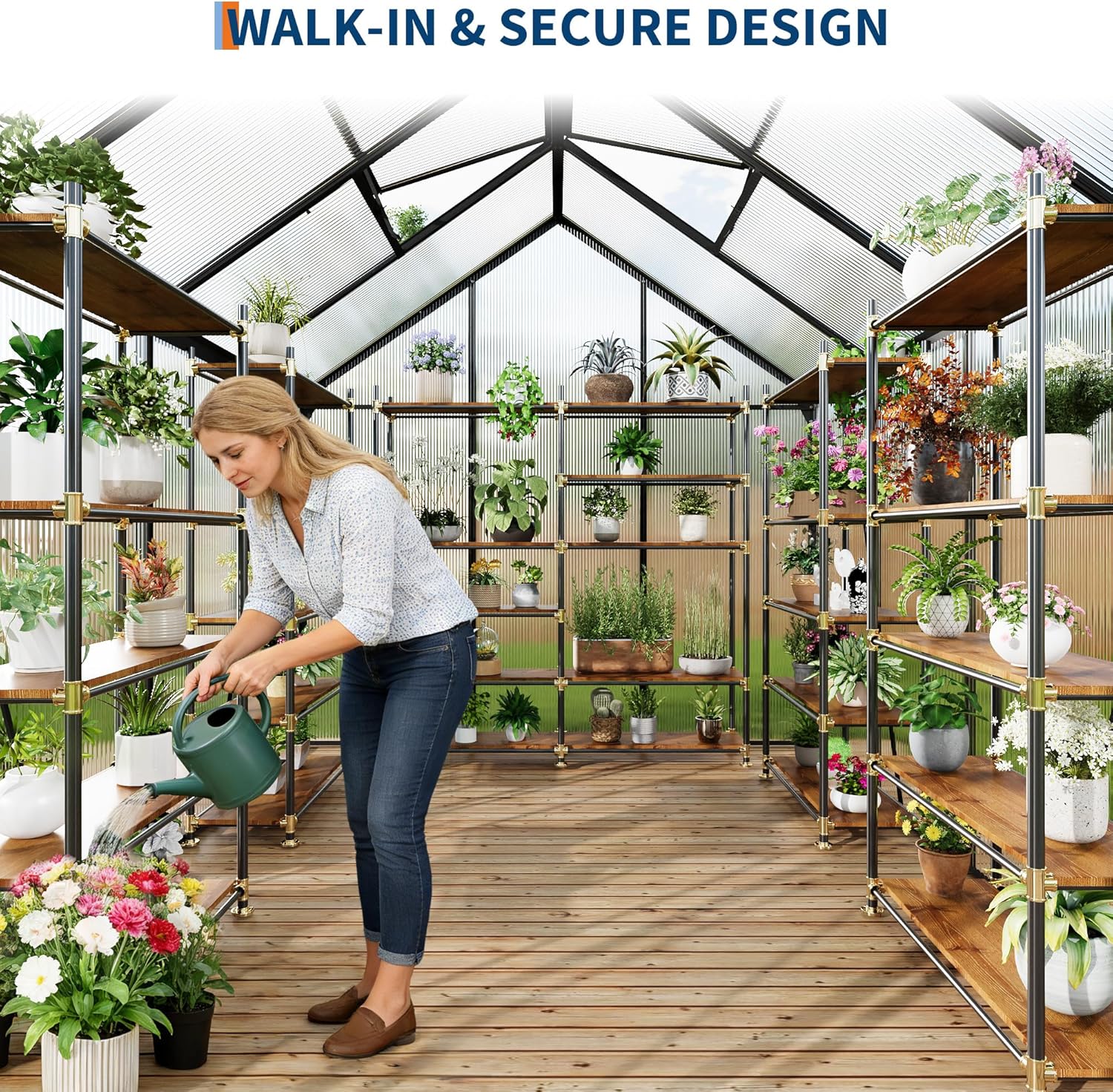 6x8FT Greenhouse for Outdoors, Walk-in Polycarbonate Greenhouse with Sliding Door, Adjustable Roof Vent & Gutter System, Portable Outdoor Green House Kit for Winter Gardening