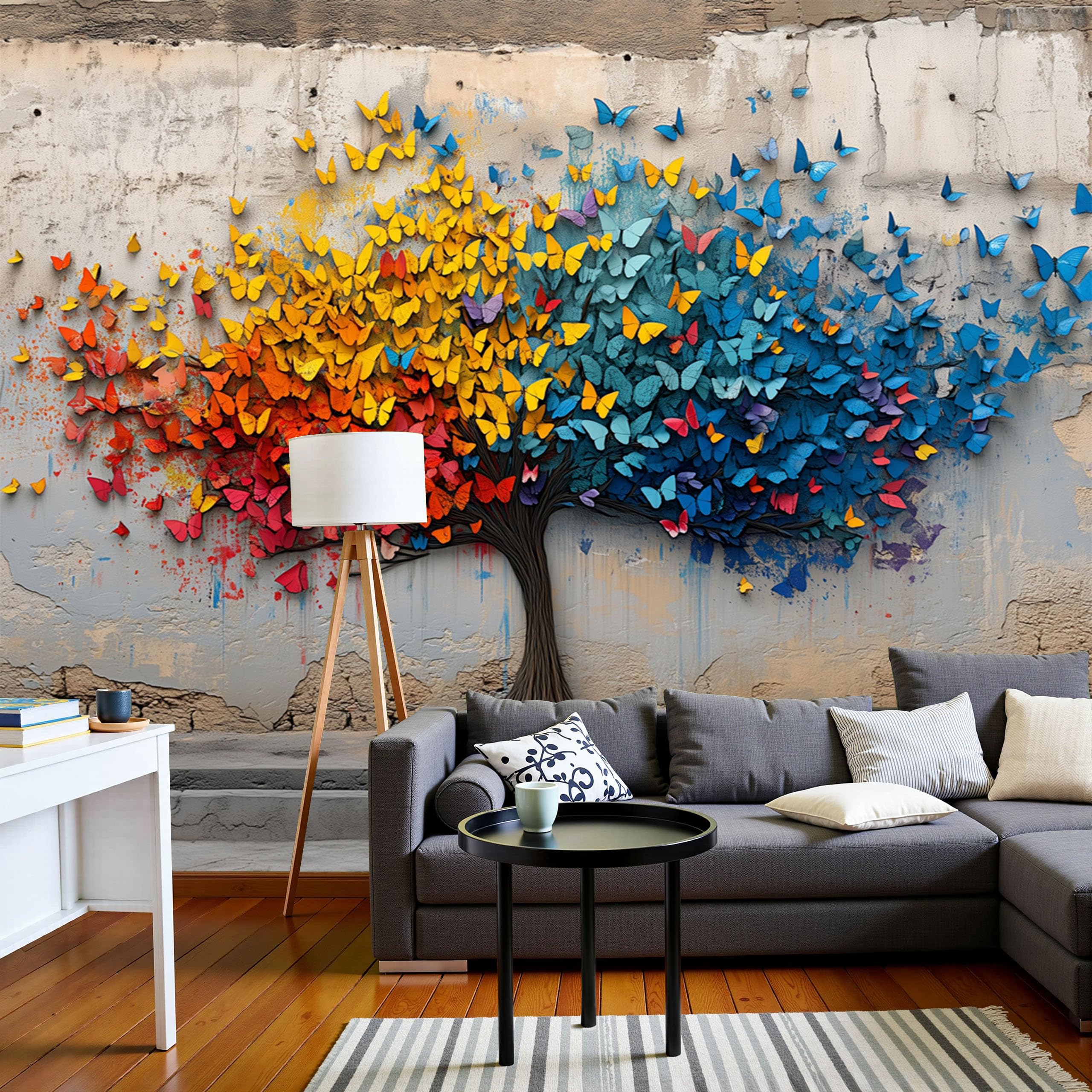 Papier peint panoramique 3D beige poster mural XXL arbre papillon arc-en-ciel 400x280cm
