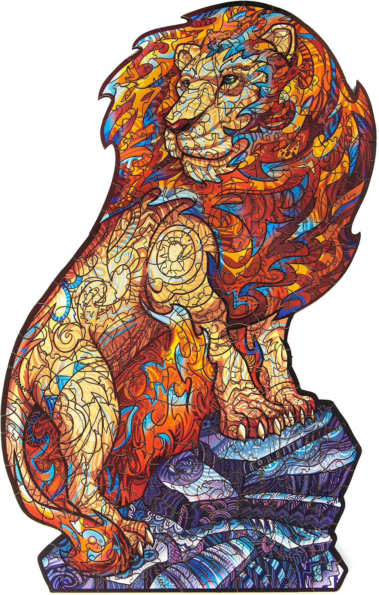 LEOGORLEOGOR Fire Lion - Wooden Lion Puzzle for Adults and Kids - 201 Pieces, 14.6 x 9.1 inches - Unique Whimsical Design - Colorful Animal Shaped Wood Jigsaw Puzzle