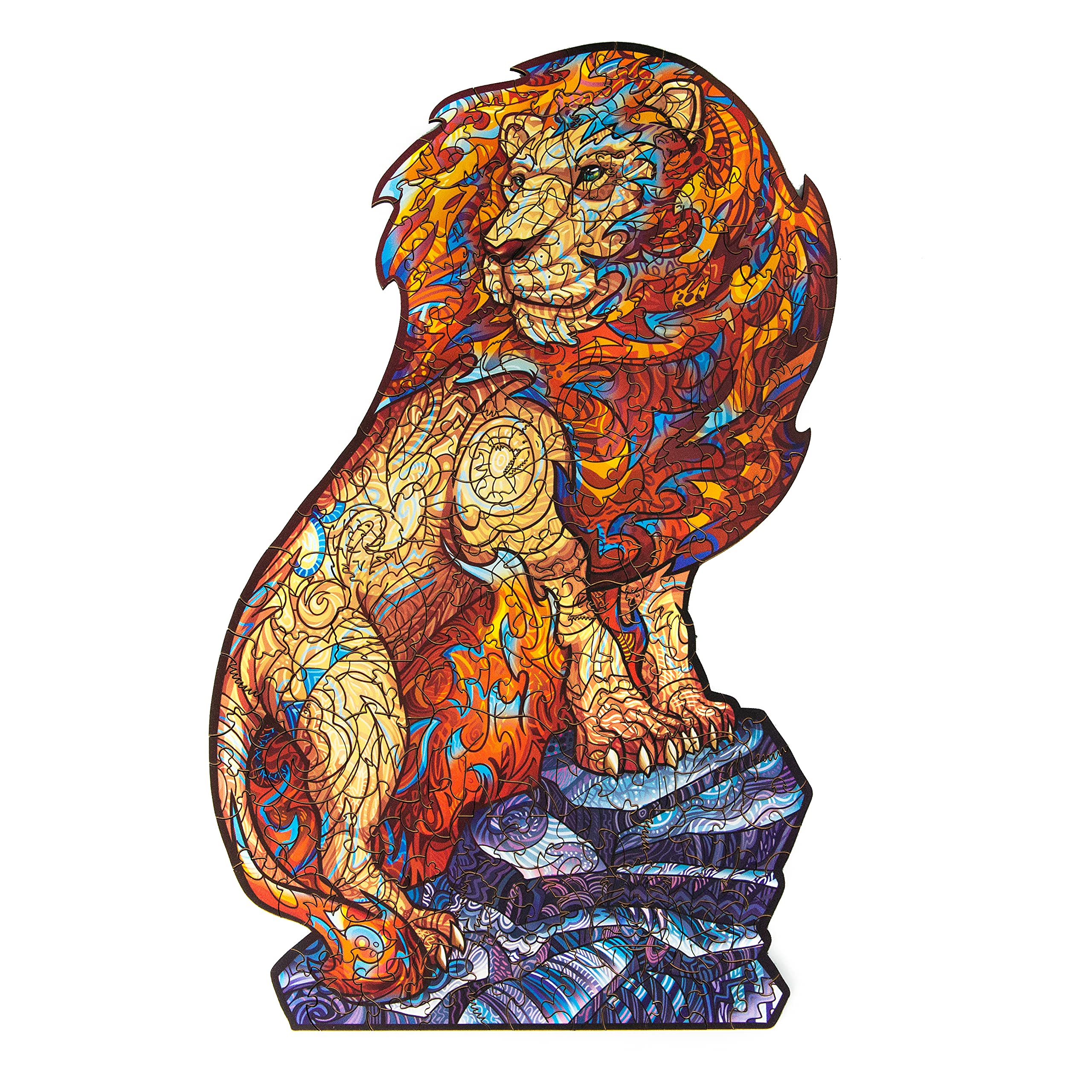 LEOGORLEOGOR Fire Lion - Wooden Lion Puzzle for Adults and Kids - 201 Pieces, 14.6 x 9.1 inches - Unique Whimsical Design - Colorful Animal Shaped Wood Jigsaw Puzzle