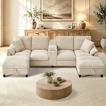 Modular Sofa 4-Seater 116 Inch Corner Sofa with Centre Console 2 Drink Holders Living Landscape U Shape with 2 Storage Spaces Ottoman Cloud Couch and Sofas for the Living Room Office