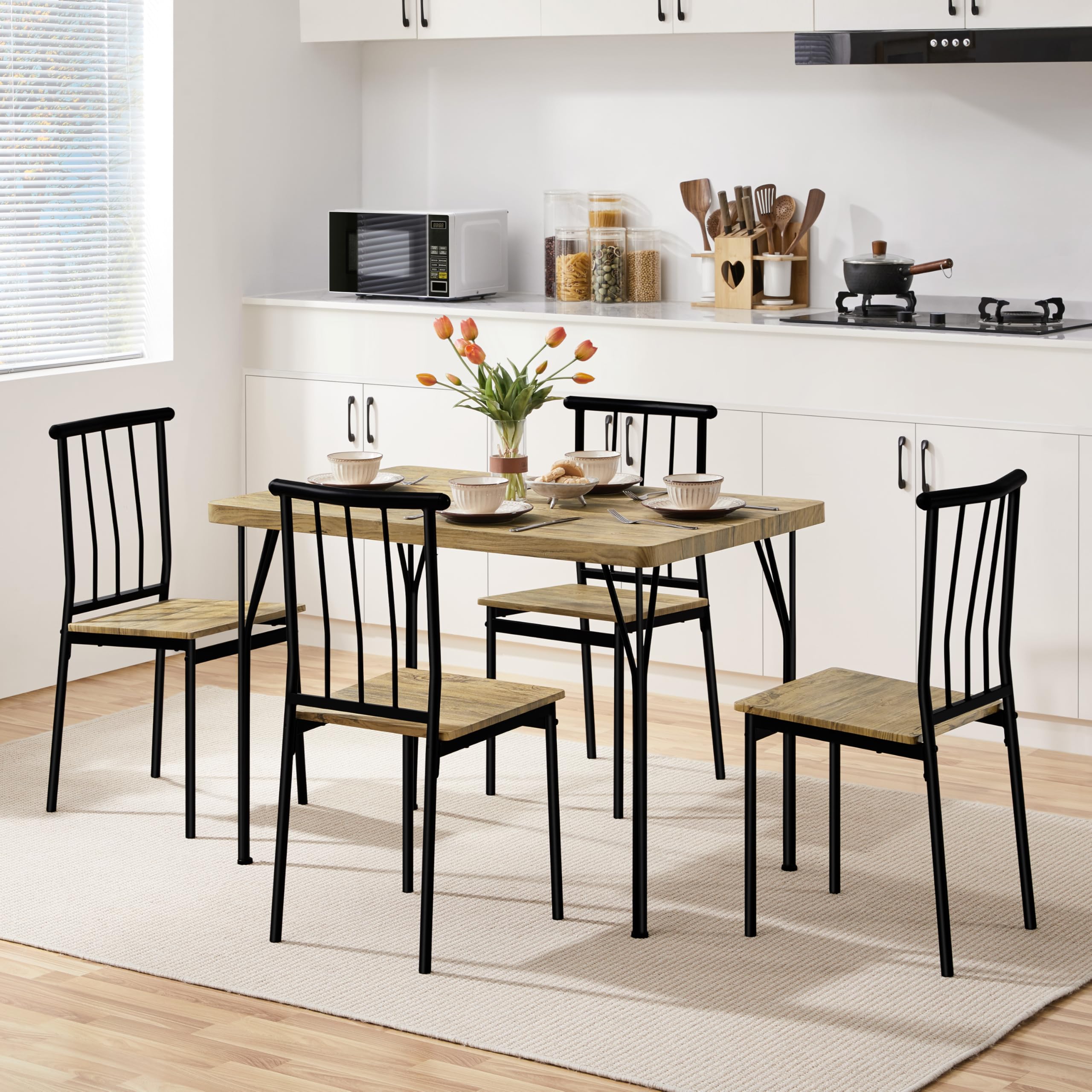 Recaceik Set da pranzo da 5 pezzi, tavolo da cucina moderno e sedie per 4, set da tavolo da pub in legno perfetto per angolo colazione, soggiorno in piccoli spazi 1+4 marrone
