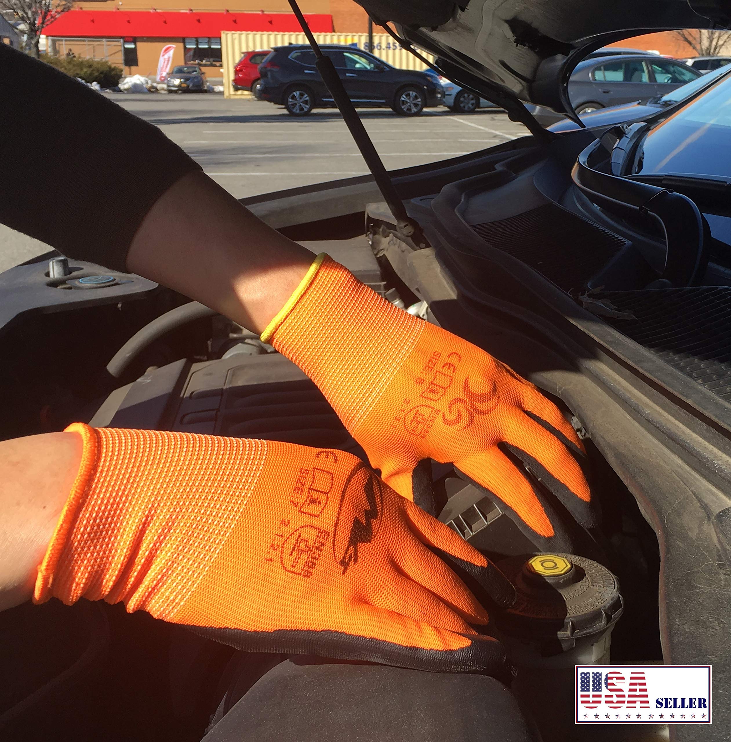 Guantes de seguridad recubiertos para el trabajo, paquete de 10 pares, agarre firme, uso general y jardinería, para hombres y mujeres, naranja, talla S