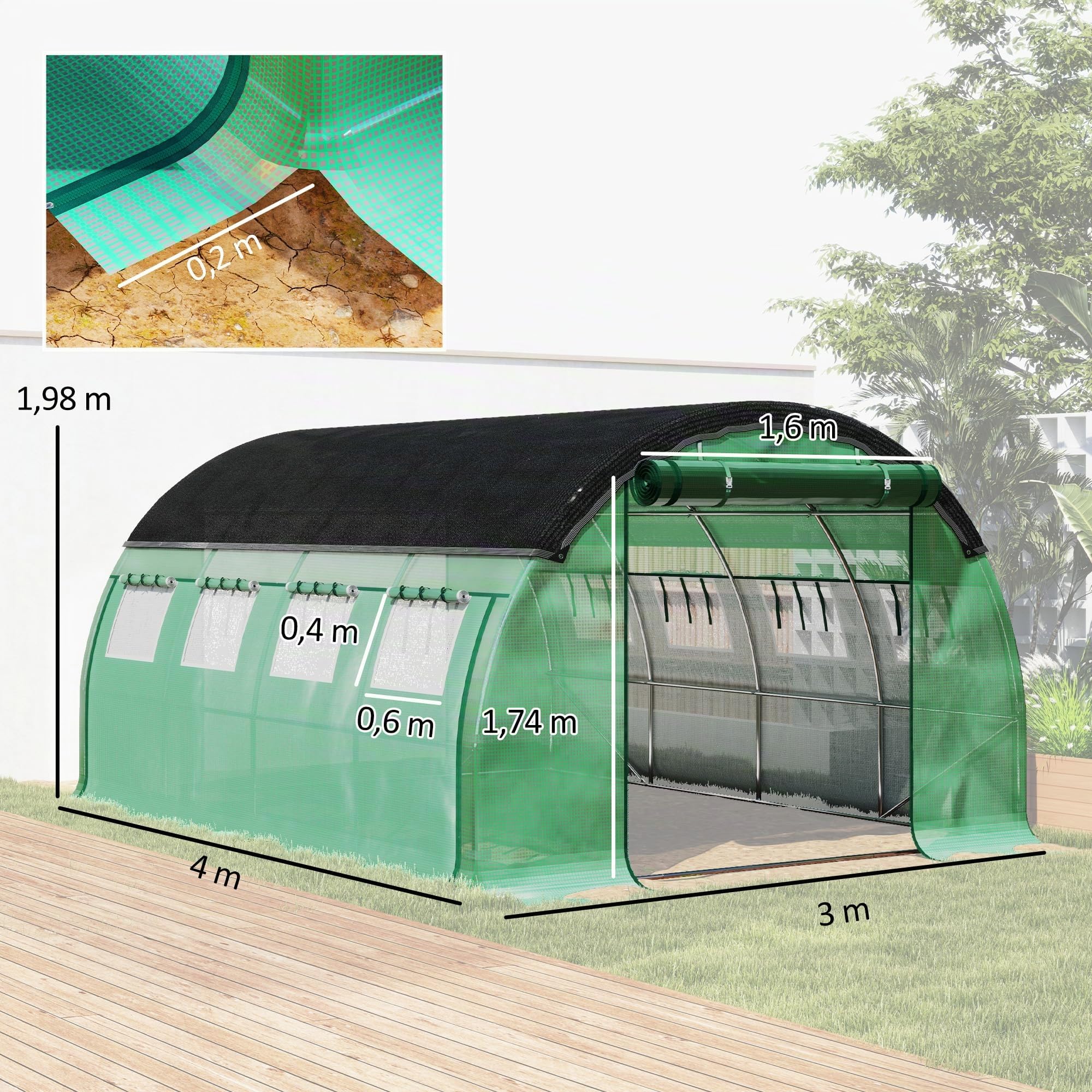 Outsunny Tunnel de Serre 10' x 13' x 6,5' avec Filet d'ombrage Vert