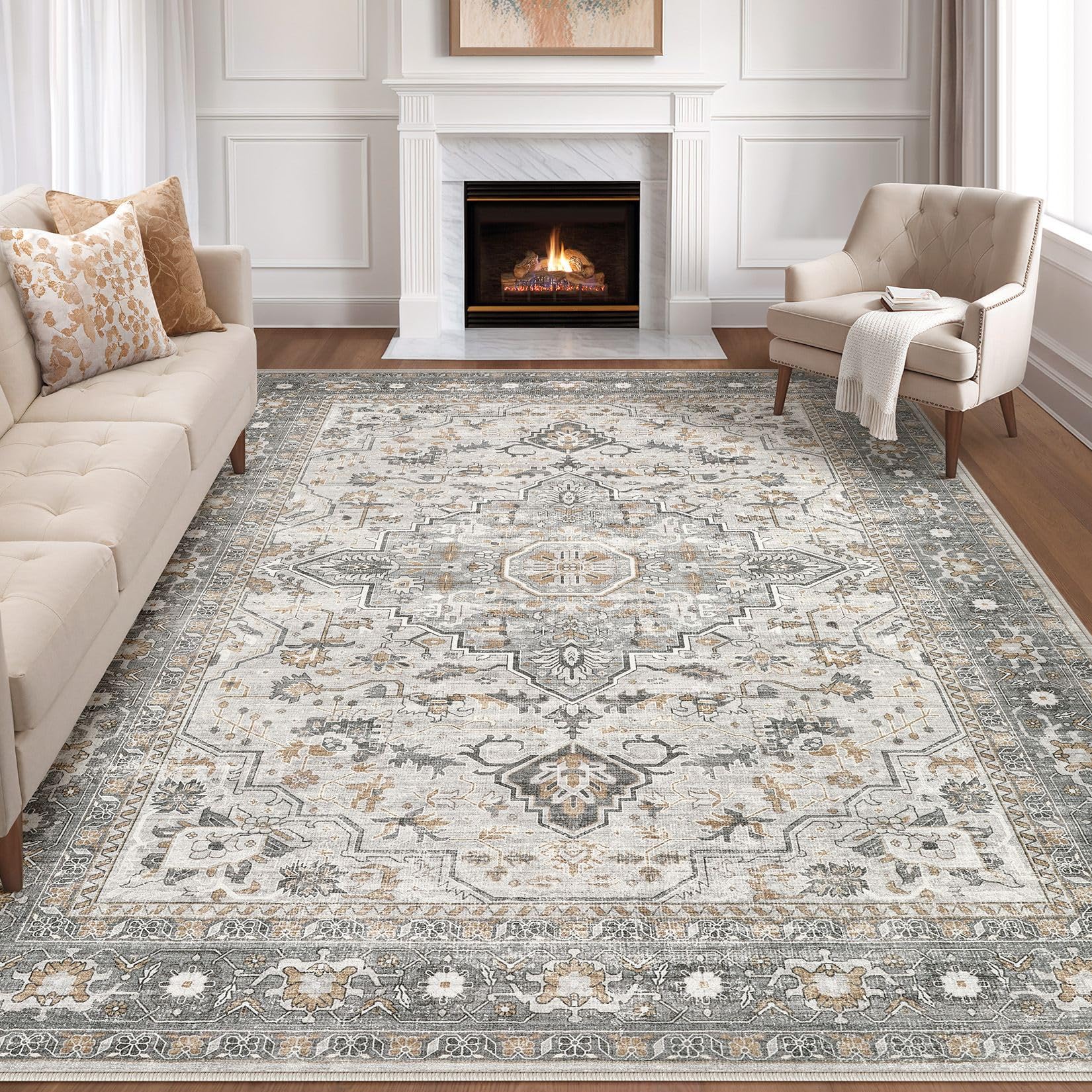 LOONGRUG 8x10 Area Rugs Washable Vintage Boho Large Living Room Rug Taupe