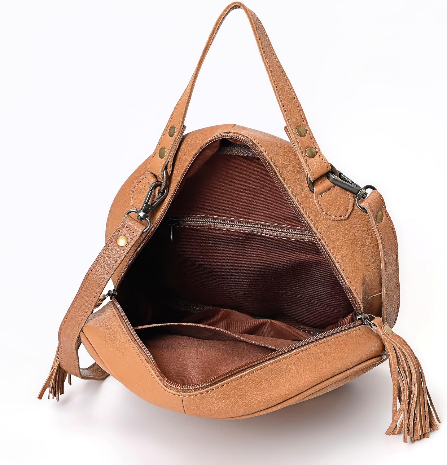 Merbaa Women’s Round Leather Purse – Handmade Boho Crossbody Bag with Embossed Butterfly Design – Genuine Leather Small Circle Shoulder Bag for Ladies - Image 6