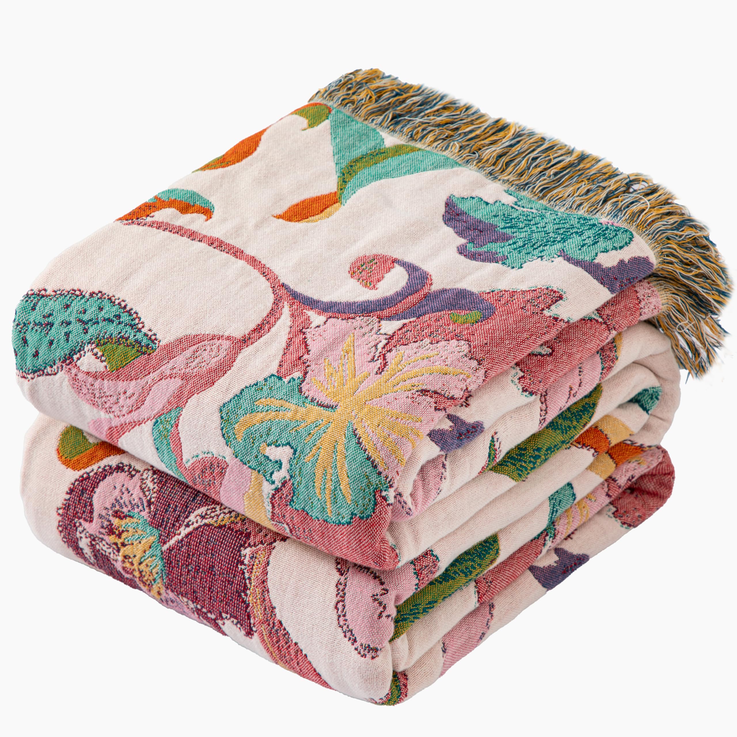 Dormilin Bohemian Throw Blanket for Sofa 200x230cm, 100% Organic Cotton Woven Picnic Blanket for Bed Couch 2-3 Seater, Soft Muslin Quilt with Floral Jacquard, Double-sided Bedspread Throws Green/White