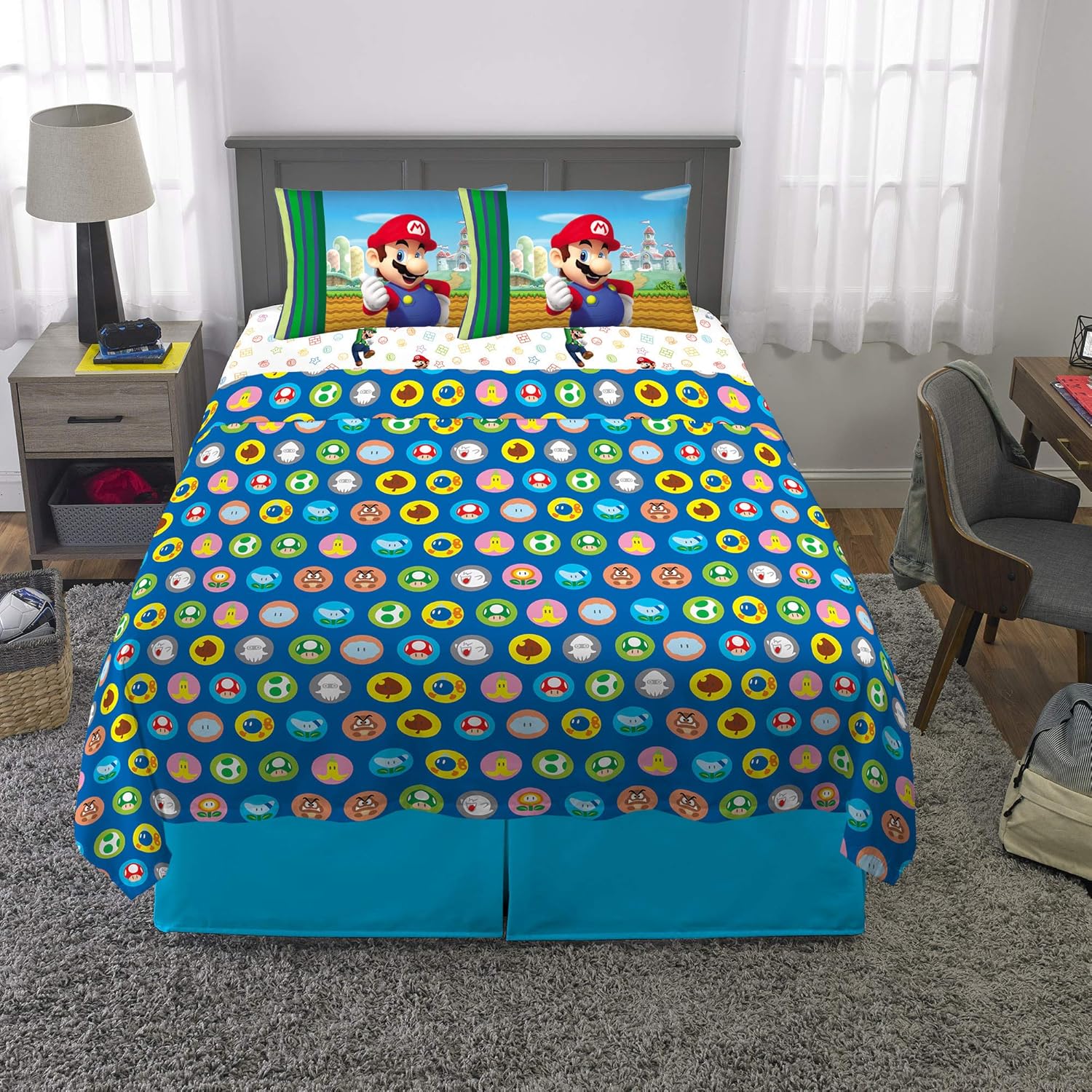 Super Mario Kids Bedding Soft Cozy Microfiber 4 Piece Full Size Sheet Set, (Officially Licensed Product) By Franco
