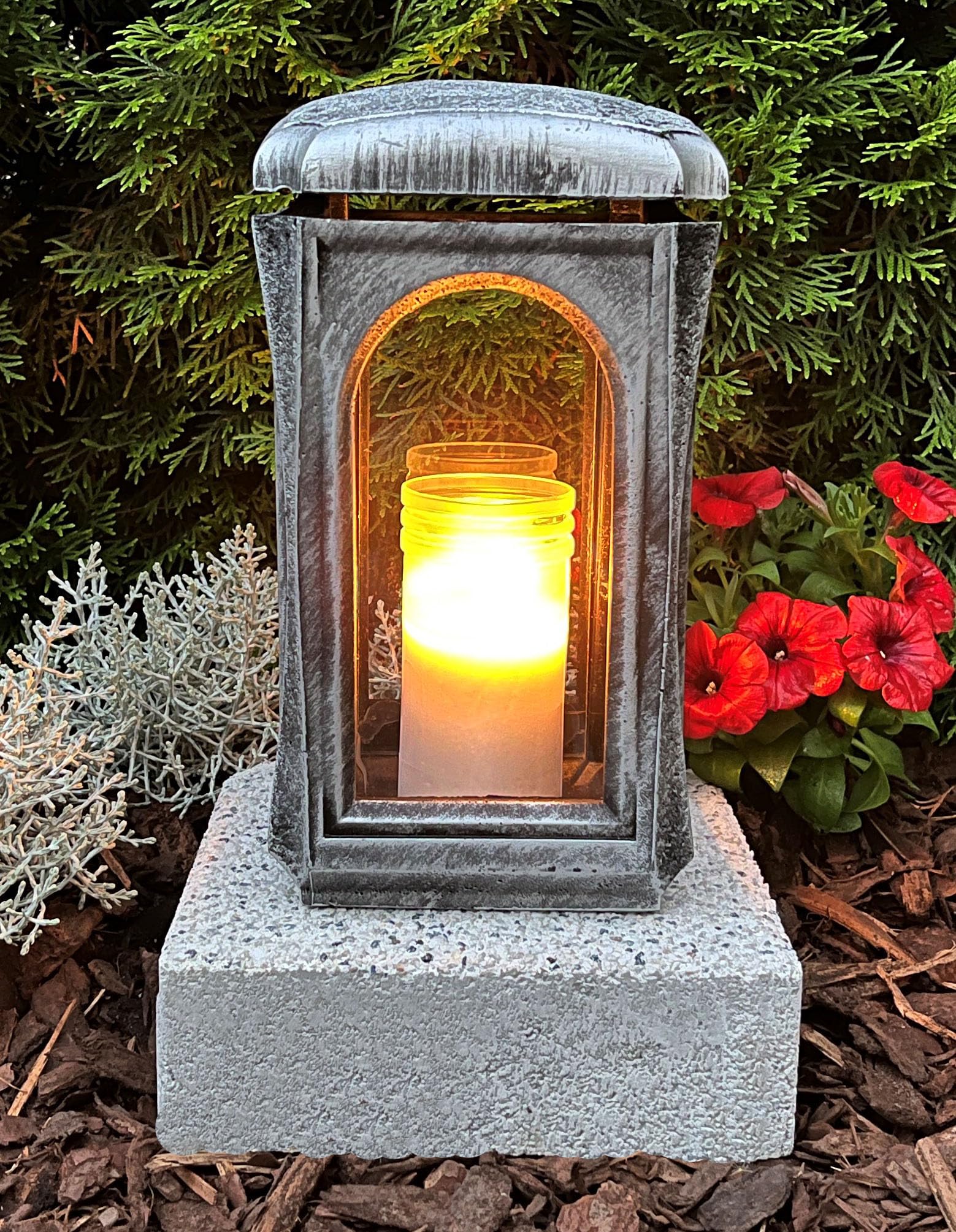 Grablampe mit Sockel Classico Premium Massiv Silber Rustikal Grabschmuck Grablaterne Grabkerze Grablicht Grableuchte Lampe Laterne Licht Kerze Trauer Friedhof Garten