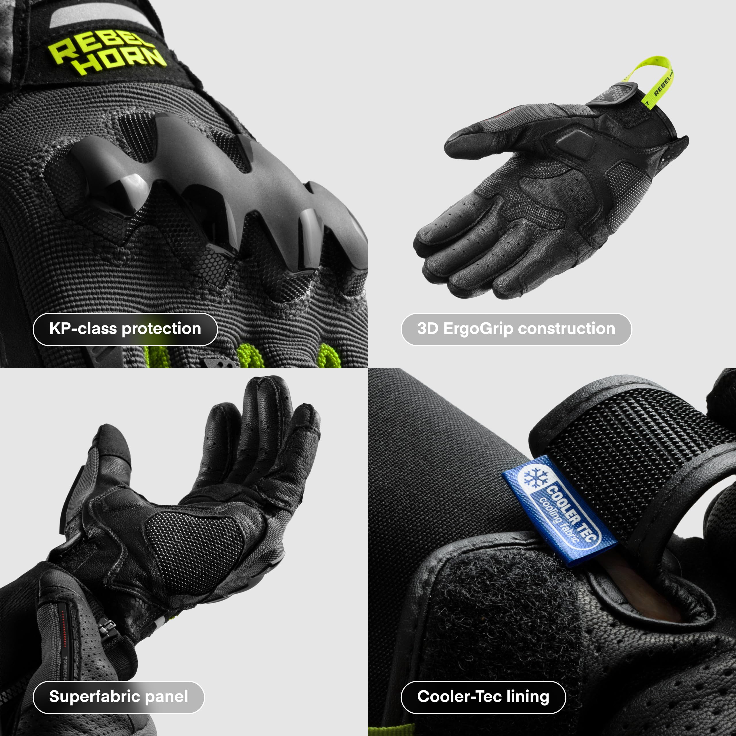 REBELHORN Defender Motorradhandschuhe Herren | Leder | Knöchelprotektoren | Große Belüftungspaneele | Cooler-Tec-Futter | Touchscreen-Unterstützung | Schutzstufe 1 KP | Größen bis 3XL