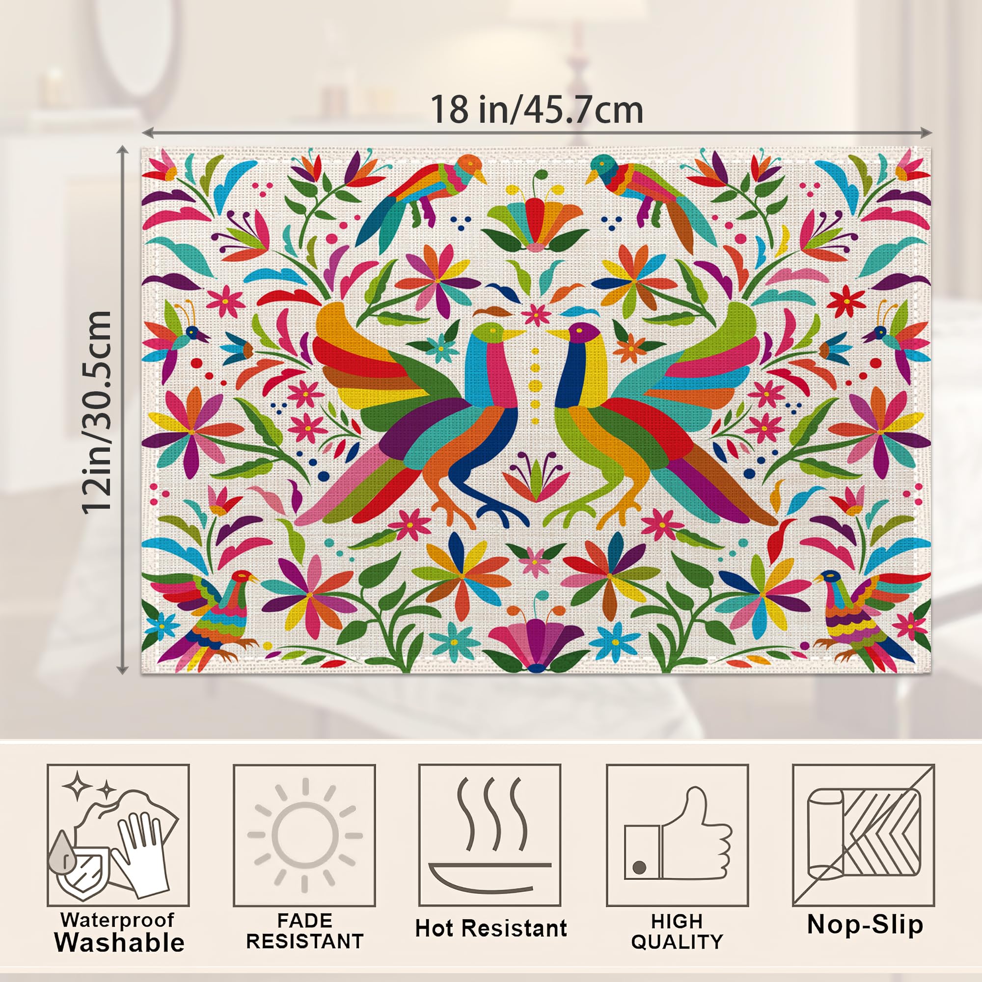 Juego de 6 manteles individuales coloridos con diseño de pájaro mexicano, de lino étnico, lavables, para cocina, comedor, resistentes al calor, para fiestas en casa, interiores, vacaciones, 12 x 18