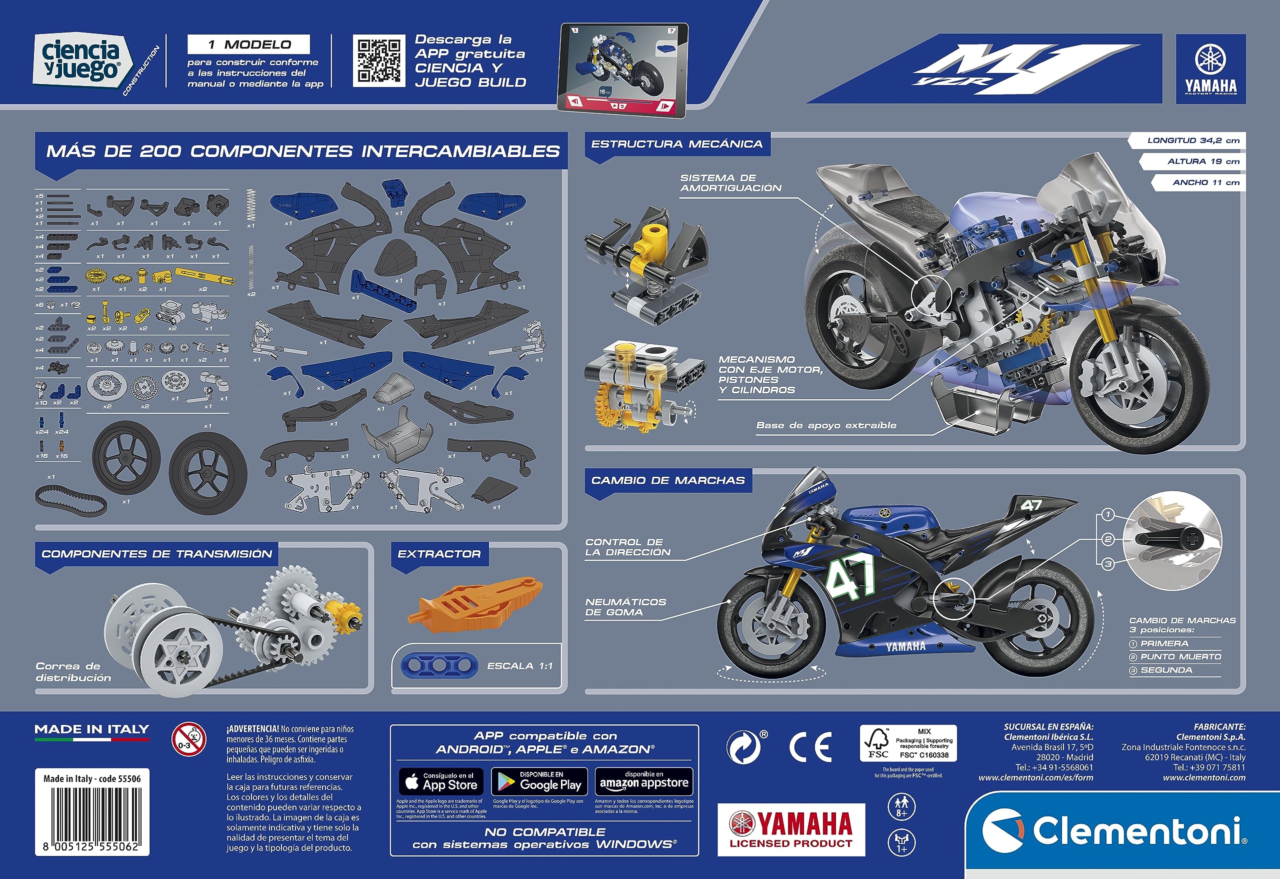 Clementoni 55506 Construcciones Yamaha M1 Juego de Construcciones, para Montar Tu Propia Moto Yamaha, con App de Instrucciones, a Partir de 8 Años, Juguete en Español