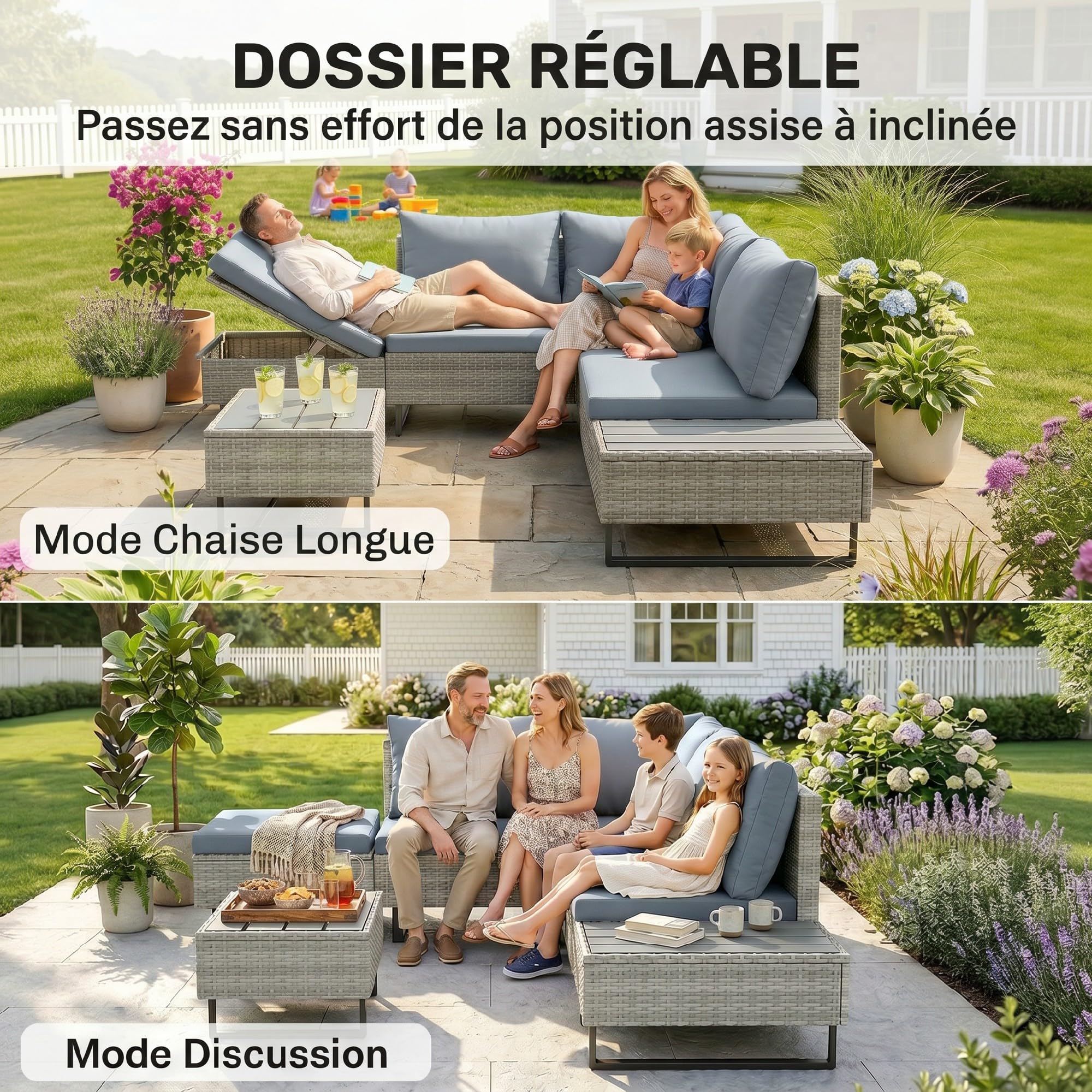Outsunny Salon de Jardin d'angle 5 Places en Résine Tressée Canapé Extérieur Modulable avec Méridienne Ajustable Ensemble Mobilier de Terrasse avec Table Composite Gris