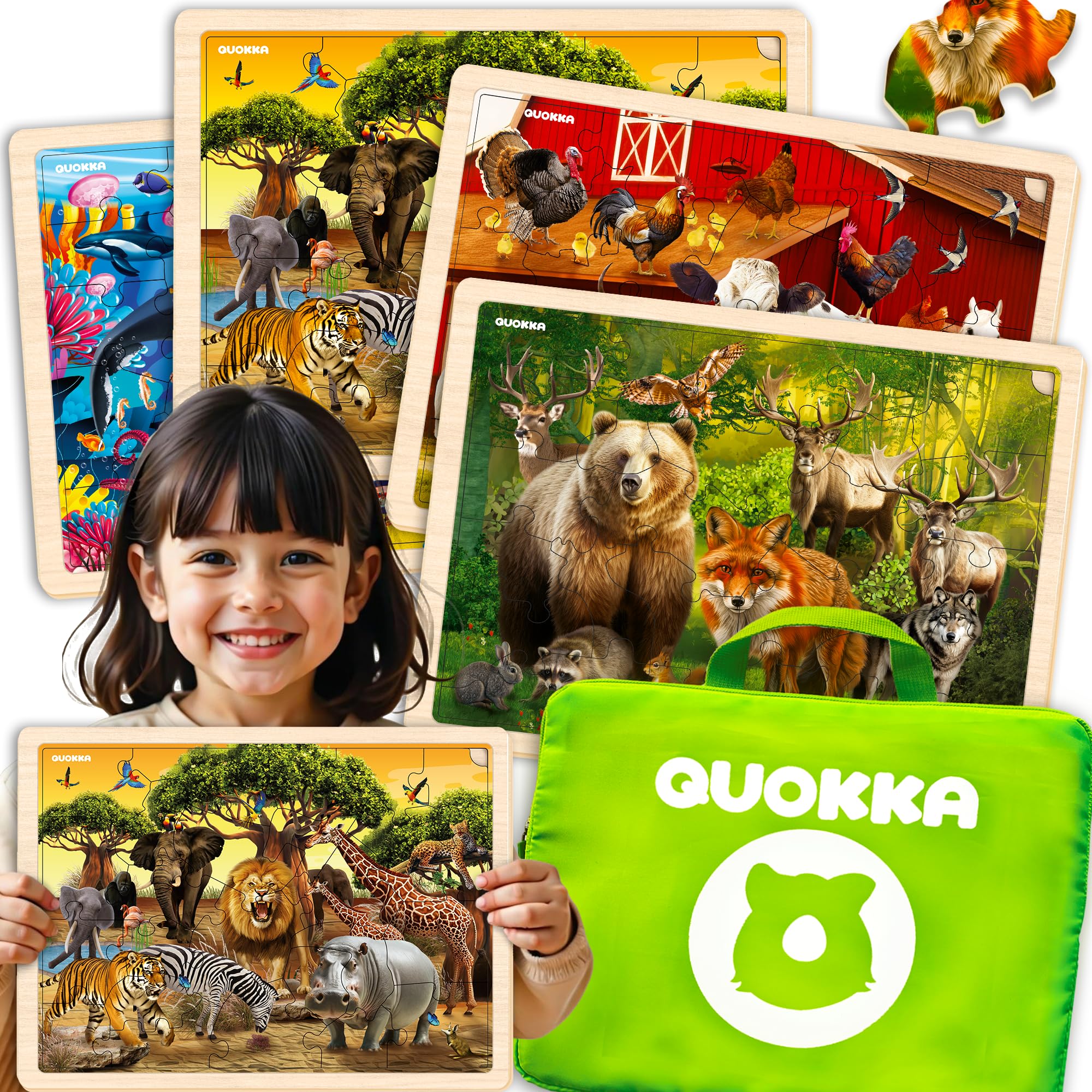 QUOKKA Puzzle Madera Niños 3 4 5 Años – 4x48 Piezas Puzzle Animales Montessori – Juego Educativo de Madera con Animales Realistas – Regalo para Niños y Niñas 6 7 8 Años