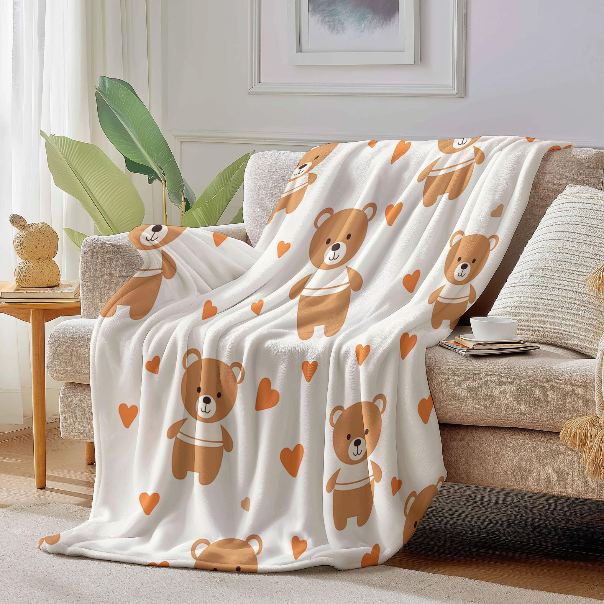 Couverture flanelle 150x200 plaid polaire orange motif ours