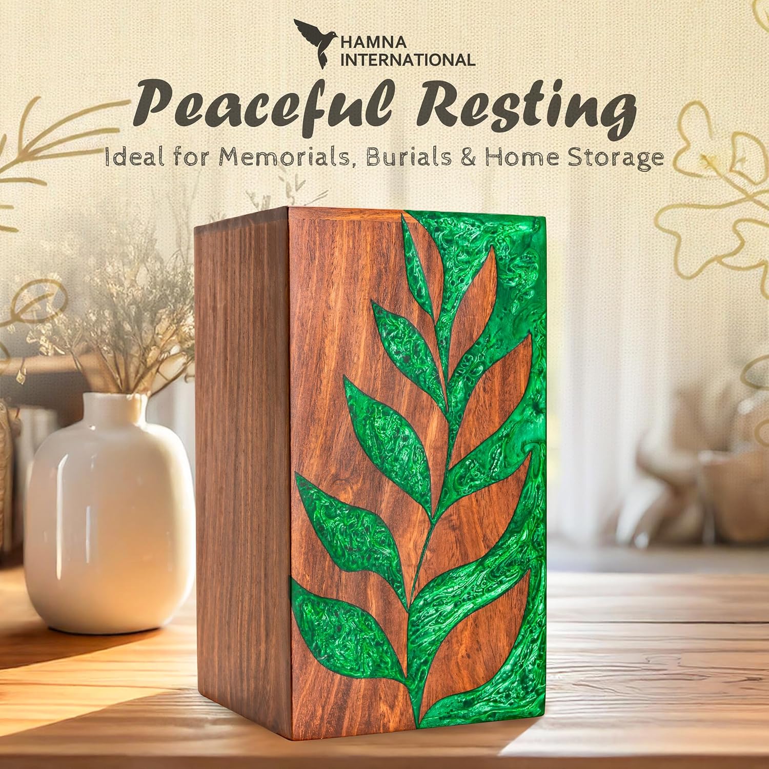 Urn for Ashes Adult Male - Cremation Urns for Human Ashes, Burial Urns, Wooden Urn, Decorative Urn, Urns for Ashes for Women – Green Leaf (Medium)